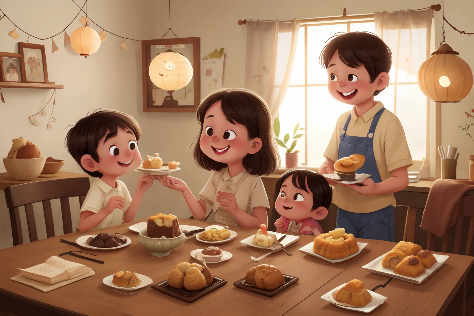 Picture 4: Family sitting around enjoying moon cakes with 4 characters

Character 1: Father

Description: The father in the story is a middle-aged man, with slightly abusive brown hair and a warm face. He often wears simple but elegant clothes, showing the rustic personality and responsibility of a family father.

Character 2: Daughter

Description: The girl in the story is a girl about 10 years old, with long light brown hair and mischievous eyes. She always has a cute smile on her face and often wears simple but very cute dresses.

Character 3: Mother

Description: The mother in the story is a middle-aged woman with short hair and warm eyes. She usually wears comfortable but still very neat and attractive clothes. She is a caring and loving person for her family.

Character 4: Son

Description: The boy in the story is a small boy about 7 years old, with flowing black hair and curious eyes. The boy often wears long pants and shirts, exuding a docile and hyperactive look.

[Picture: The family sits around the dining table, the table is full of moon cakes and other delicious food. Besides, there are fragrant tea aromas and fruit trays. The whole family is discussing and laughing in a cozy and warm space. Each person holds a lantern they have made.]

Son: "The moon cake is delicious! Mom made it so delicious and delicious!"

Daughter: "And your lantern is beautiful too, isn't it?"

Father: "Yes, the Mid-Autumn Festival is not only an opportunity to enjoy delicious food, but also an opportunity for the whole family to participate and express their creativity."
