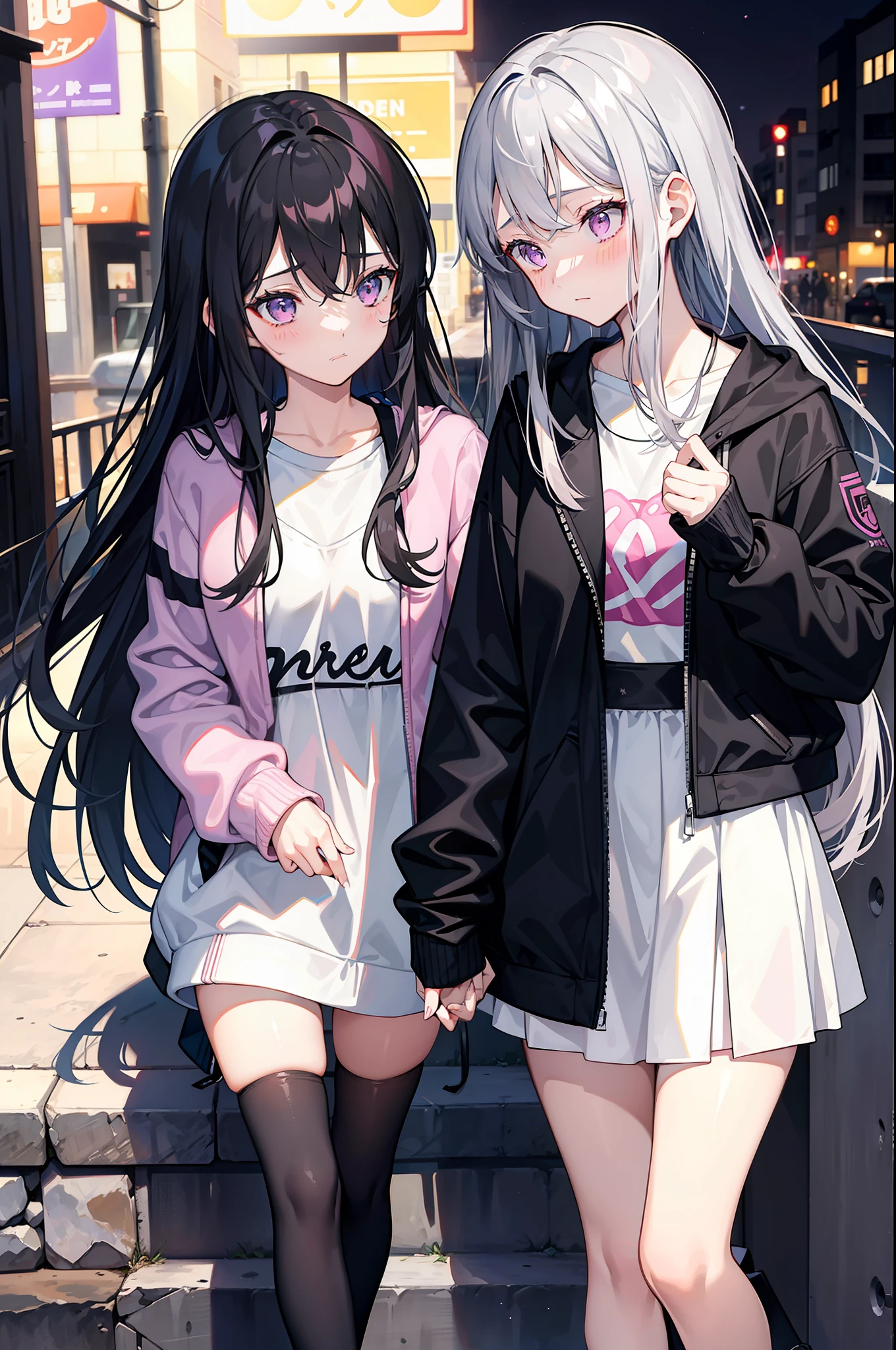 2girls, One has long black hair., purple eyes...., The other has long ash-gray hair., pink eyes...., High Quality, couple , Girls love girls..................., Yuri ,A Beautiful Girl, lesbian, lover ,. love., . Expressions of love. lover. date. , Streetwear. jacket ,scenary,at night, long bangs , shy girl, embress