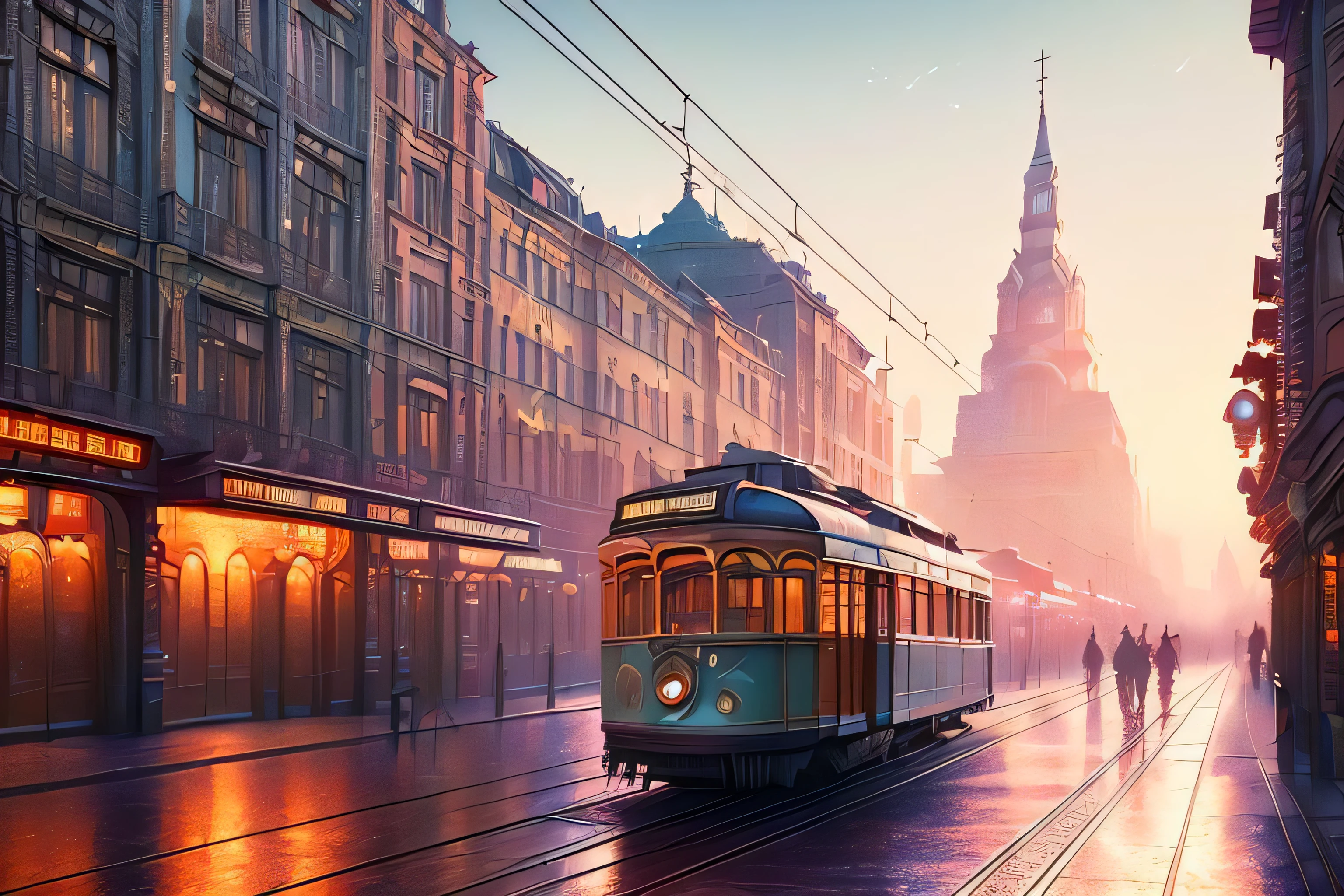 ((highres)), ((masterpiece)) cityscape, retrofuturism city, old tram, sunny day. Robert Lee Zemeckis, fantasy film, ussr atmospheric, intricate, elegant retro, sharp, highly detailed, Greg Rutkowski, hard focus, panaranic, epic realistic,, hdr. 8k, (dark shot:1.17), epic realistic, faded, ((neutral colors)), art, (hdr:1.5), (muted colors:1.2), hyperdetailed, (artstation:1.5), cinematic, warm lights, dramatic light, (intricate details:1.1), complex background, (rutkowski:0.8), (teal and orange:0.4)