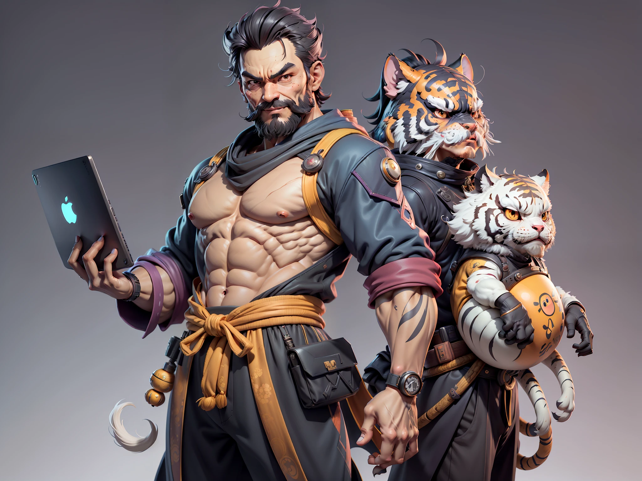 (Daisaku),(Need),(Super meticulous),(full bodyesbian:1.2),Super young man with Japanese geisha,Beautiful,orient,one tiger,Aeolian Thor,Raised sexy,爆乳,Oriental face,TV Anchor,Bust portrait illustration,In black suit,a blue tie,The face is slightly chubby,The face was clean,without a beard,Black super short hair,Black eyes,Smile confidently,3C computer sub-products,iPad, iphone,Digital painting,3D character design by Mark Clairen and Pixar and Hayao Miyazaki and Akira Toriyama,The illustration is a high-definition illustration in 4K resolution,With very detailed facial features and cartoon-style visuals。