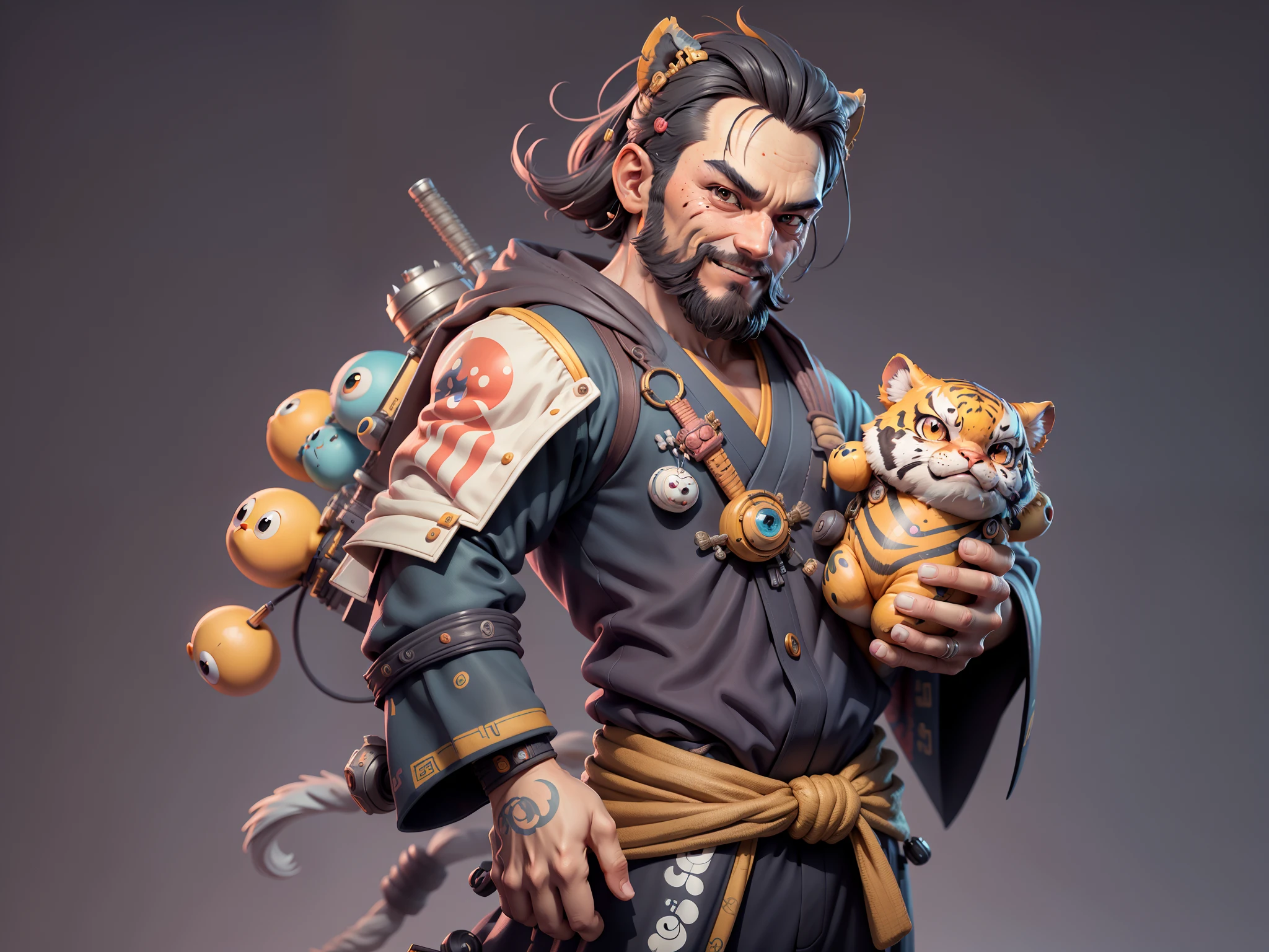 (Daisaku),(Need),(Super meticulous),(full bodyesbian:1.2),Super young man with Japanese geisha,Beautiful,orient,one tiger,Aeolian Thor,Raised sexy,爆乳,Oriental face,TV Anchor,Bust portrait illustration,In black suit,a blue tie,The face is slightly chubby,The face was clean,without a beard,Black super short hair,Black eyes,Smile confidently,3C computer sub-products,iPad, iphone,Digital painting,3D character design by Mark Clairen and Pixar and Hayao Miyazaki and Akira Toriyama,The illustration is a high-definition illustration in 4K resolution,With very detailed facial features and cartoon-style visuals。
