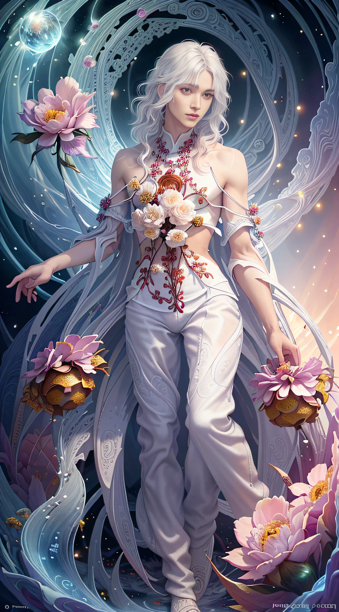 Realistic, (Masterpiece, Top Quality, Best Quality, Official Art, Beauty and Aesthetics: 1.2), Very Detailed, Fractal Art, Colorful, Most Detailed, Zentangle, (Abstract Background: 1.5) (1boy: 1.3), Gods, White Hair, (Glowing Red Eyes), Mysterious, (Magic), Ice, ((Flowers on the Other Side)), Yellow Spring, Hell