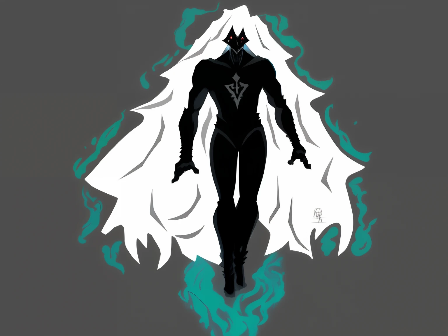 There's a man in a black suit walking around in a white cape, aura negra brilhante, conceito de corpo inteiro, ghostly form, forma humanoide, transformando-se em sua forma final, este personagem tem criocinese, Capa VantaBlack, arte conceitual acabada, arte conceitual demon soul, Cabo VantaBlack, Devilman selvagem de corpo inteiro, cosmic horror entity with wings