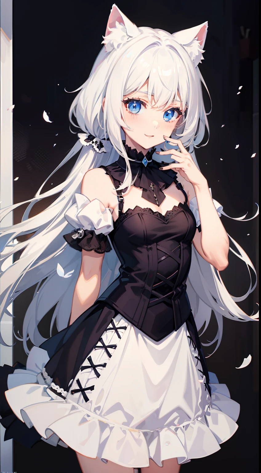 Boys and women，cabelos preto e longos，eBlue eyes，White cat ears，White gothic dress，flatchest，short man，ssmile，tmasterpiece，high high quality