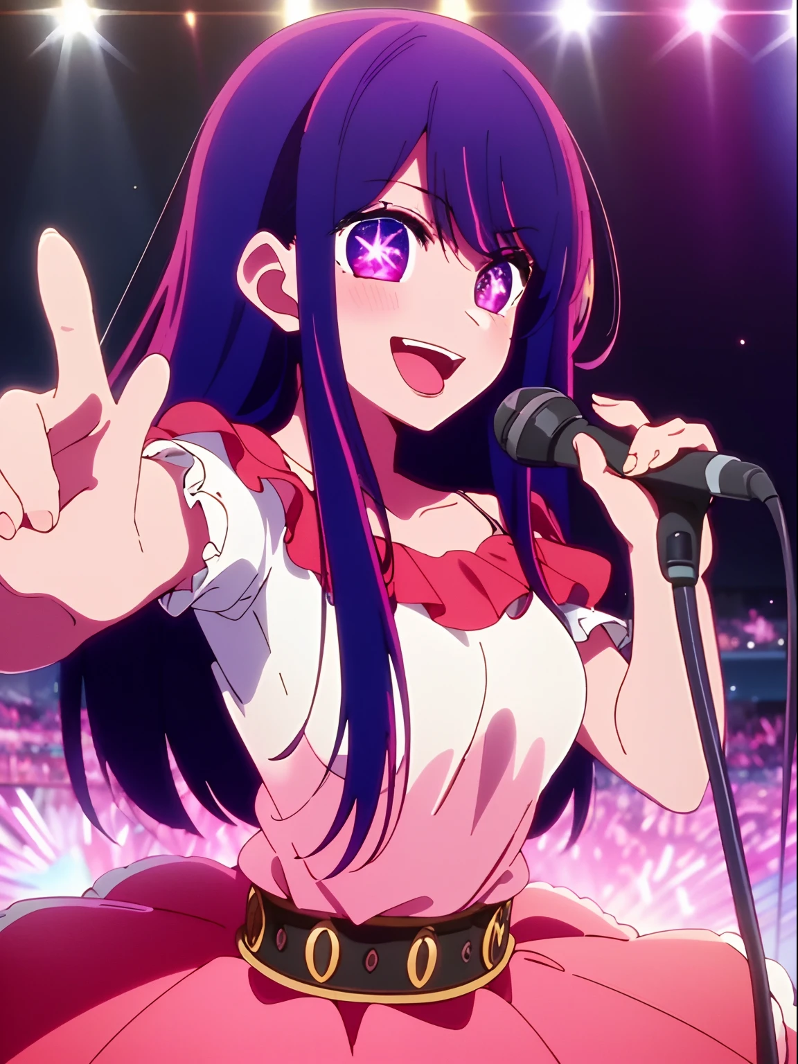 ​masterpiece、ighly detailed、(1 girl in:1.2)、purple color  hair、pink  dress、big eye、a closeup、A smile、8K、Ai Hoshino、Live performance venue、AI Pose, 1girl in, Solo, Smile, Open mouth, One closed, Star (symbol), symbol-shaped pupils, Pointing, microphone, Simple background、perspiring