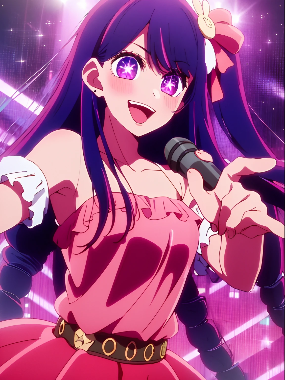 masterpiece、ighly detailed、(1 girl in:1.2)、purple color hair、pink dress、big eye、a closeup、A smile、8K、Ai Hoshino、Live performance venue、AI Pose, 1girl in, Solo, Smile, Open mouth, One closed, Star (symbol), symbol-shaped pupils, Pointing, microphone, Simple background、perspiring