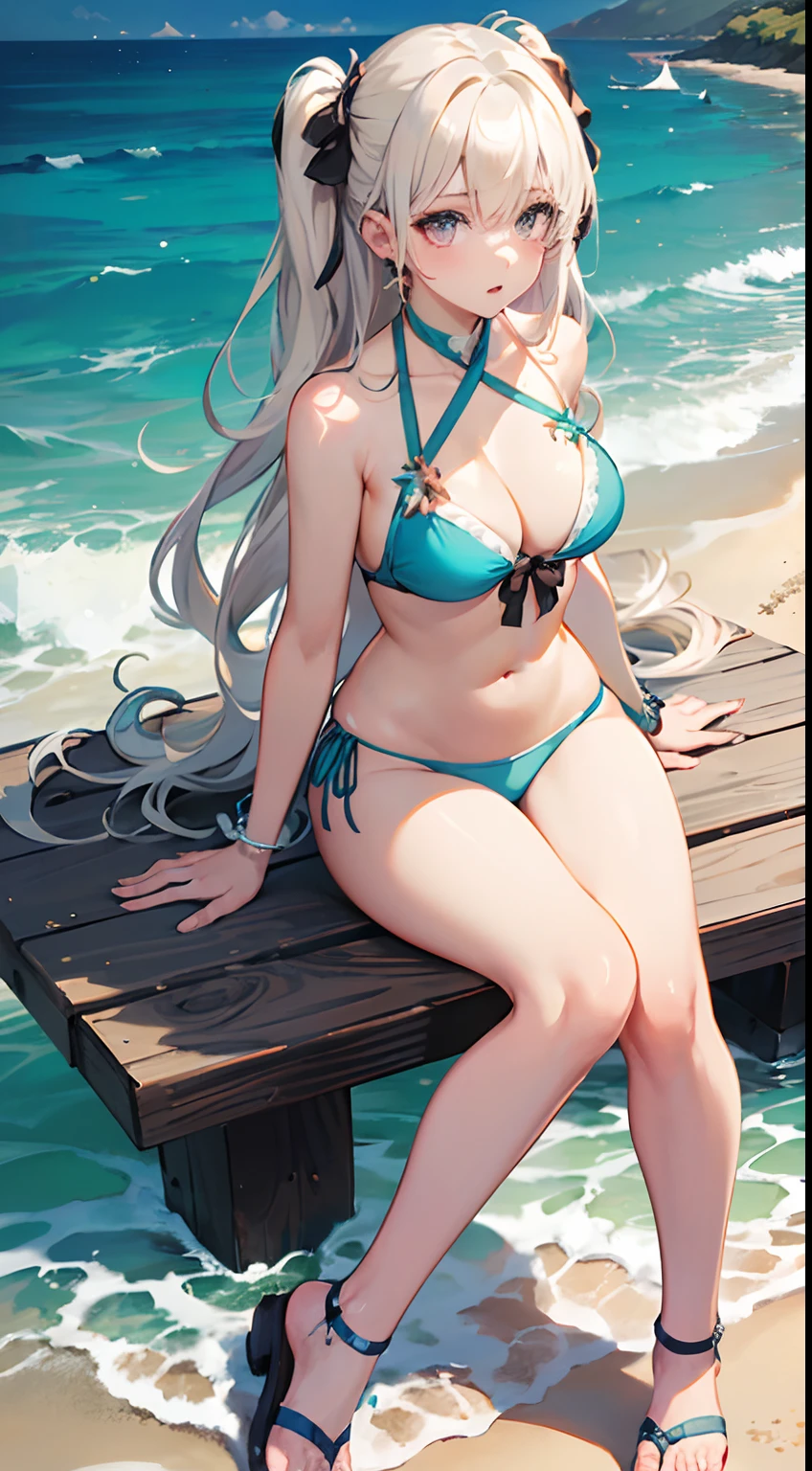 ((Best Quality)), (Ultra-detailed), ((Extremely detailed)), (Beautiful), ((Kawaii Girl)),(two side up hair).,Platinum Blonde Hair,Long hair, hair between eye, Wavy Hair, Long sideburns,Jade-colored eyes, White skin,Normal Chest,Slender body,Cross Halter Bikini,Sandals,Sitting,in beach,Look Camera