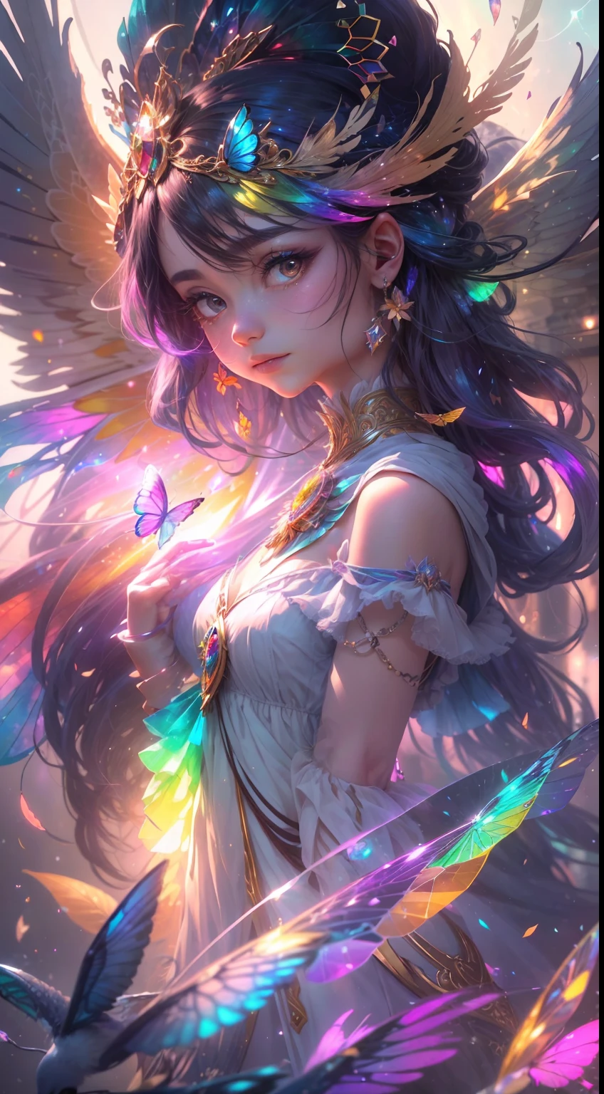 (((masterpiece))), (((best quality))), ((ultra-detailed)),(highly detailed CG illustration), ((an extremely delicate and beautiful)),cinematic light, Create a stunning fantasy artwork that mimics the style of currently trending masters of the genre. The art piece should contain elements of both mythic fantasy and fairytale fantasy with colorful rainbow accents and dark jewel-toned hues. ((Utilize the rainbow as the main color scheme.)) The character in the artwork is a delicate but strong petite figure with an aura of mystery and magic. Pay close attention to intricate facial features, such as mesmerizing eyes with vibrant colors and bold shading. The character's clothing should be designed with gossamer feathers, silk, stunning embroidery, and subtle iridescent details. Incorporate (((translucent iridescent rainbows))), dreamy colors, dynamic lighting, and detailed background elements to create a sense of awe and immersion. ((Include colorful flying magical birds and jewel-toned rainbow butterflies radiating a magical aura.)) Consider the latest trends in fantasy art, such as incorporating unique lighting effects, exploring dynamic and compelling composition techniques, and experimenting with unique color palettes. Take inspiration from the top artists on ArtStation and Midjourney. Camera: Choose an angle that highlights the character's beauty and enhances the magical majesty of the artwork. Lighting: Utilize atmospheric lighting techniques to create depth and mood. Resolution: Aim for a high-resolution artwork to showcase intricate details and clarity. Art Inspirations: Seek inspiration from the trending artists on ArtStation, exploring different styles, genres, and themes.