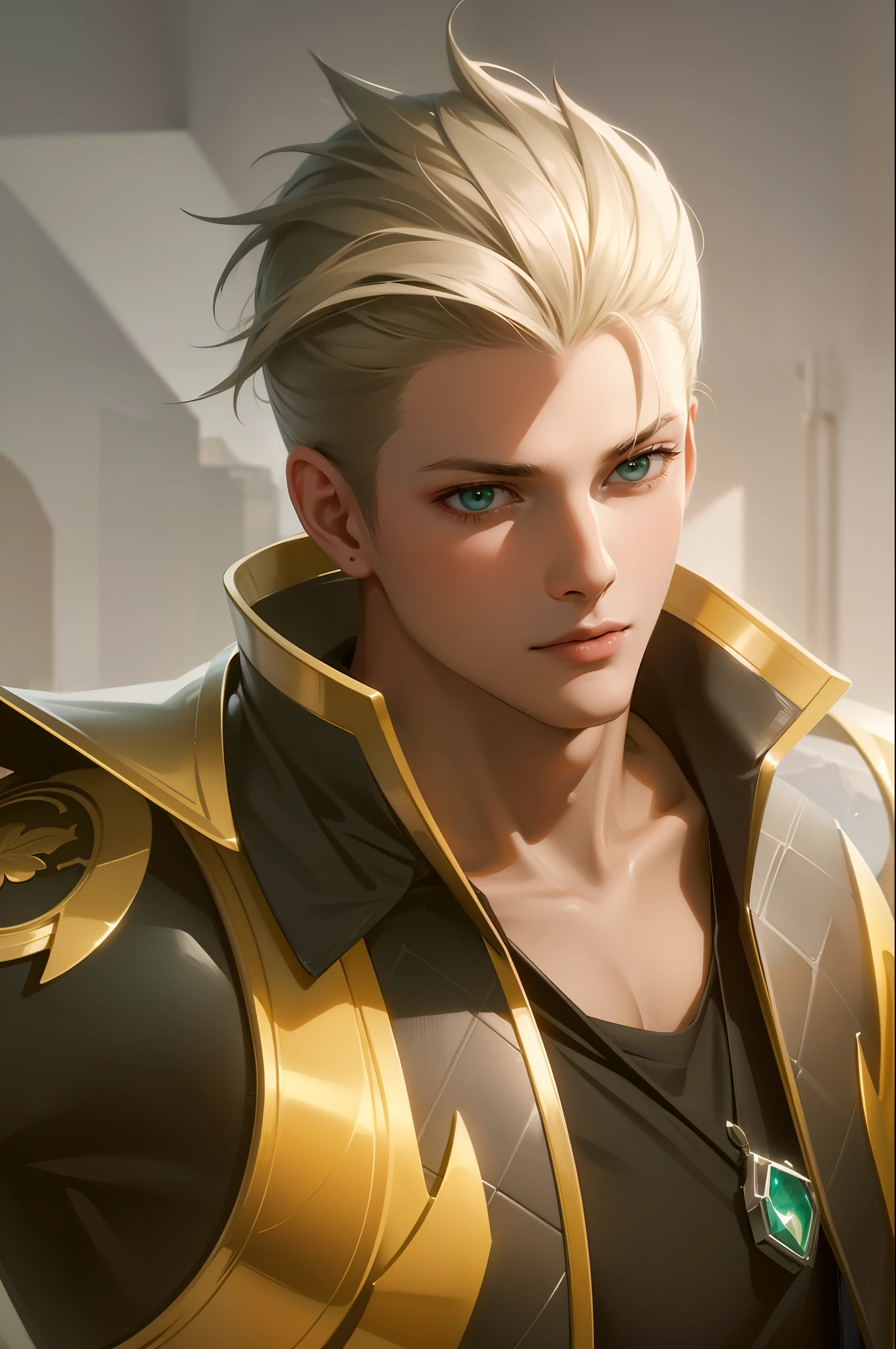 Attractive profile picture, masterpiece, ultra-precise rendering, beautiful and cool young man, trustworthy, dependable young man, savior of the world, simple design, most beautiful image, 4K, light green eyes.
