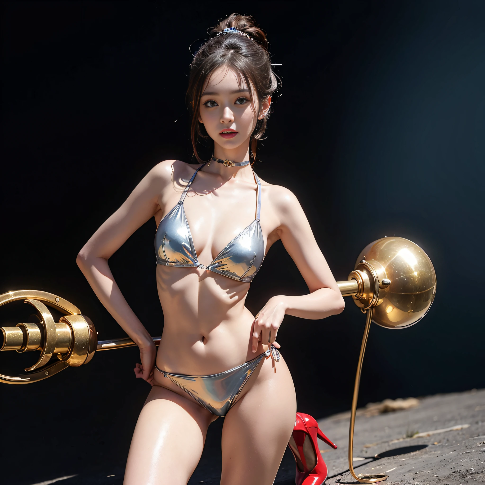 ((​masterpiece:1.4)、(top-quality:1.4)、(reallistic:1.7))、a beauty girl、Sexy Daughter、Super beautiful girl、1girl in、Upper body photography、latex shiny、Latex bodysuit、By Luis Royo、age19、Super Ultra Ultra Bikini、Outstanding style、Slender Abs、beauty legs、Beautiful ass、A detailed eye、beautidful eyes、Raw photo、red-lips、Red high heels、a choker、a necklace、耳Nipple Ring、