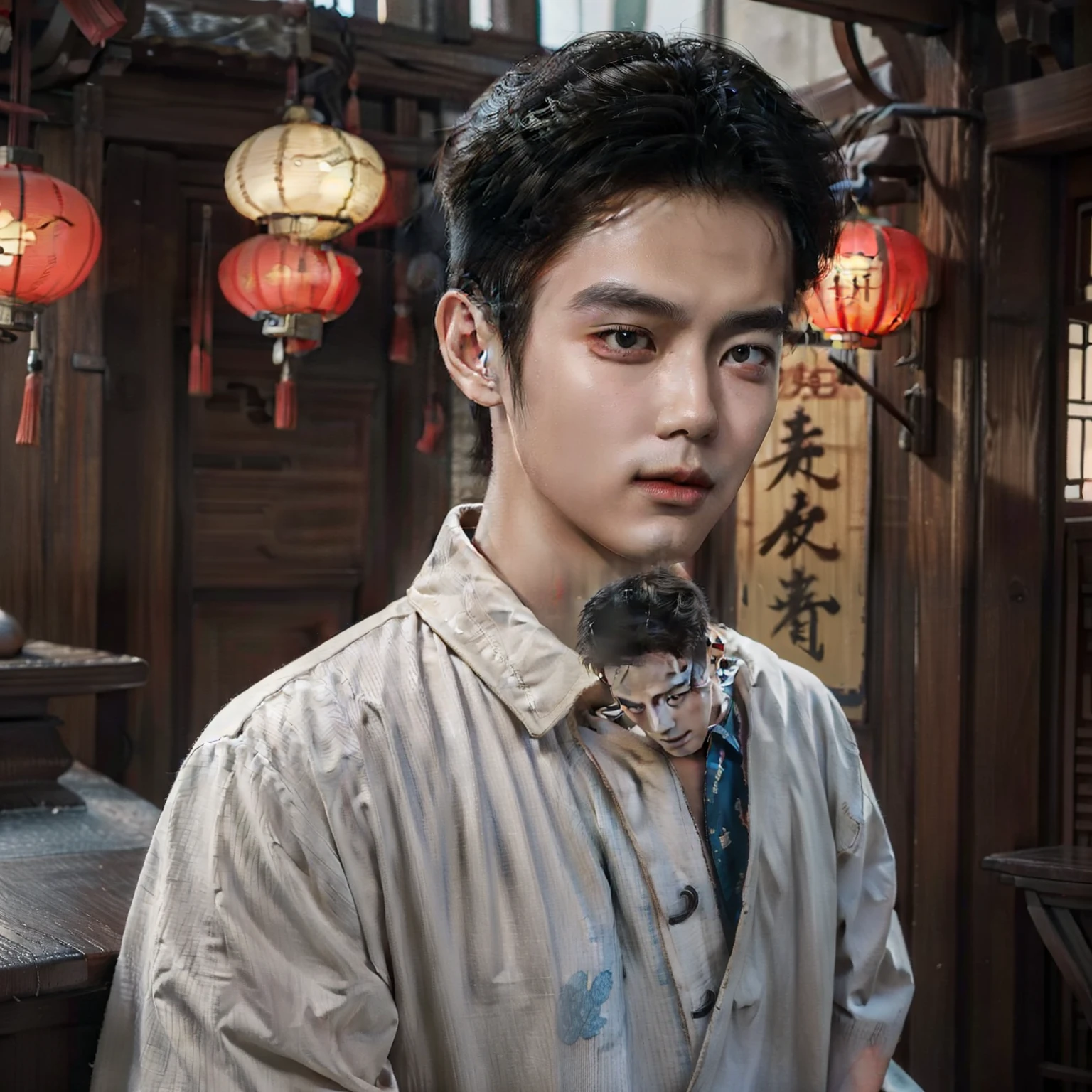A Chinese man,25 age old,2D,Semi-thick coating,retro tone,hand painted style,2D,stubbles,misterious,Retro,Retro Republic of China streets,short detailed hair,Zhongshan costume during the Republic of China,sharp looking eyes,retro tone