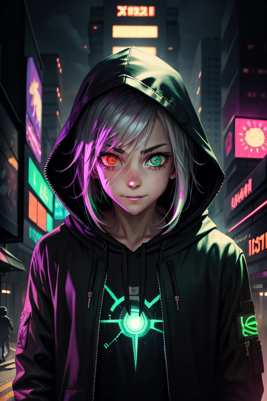 hoodie , green eyes, glowing eyes, crazy eyes, heterochromia , embarrassed , light smile, boy, in the cyberpunk city, explosion,