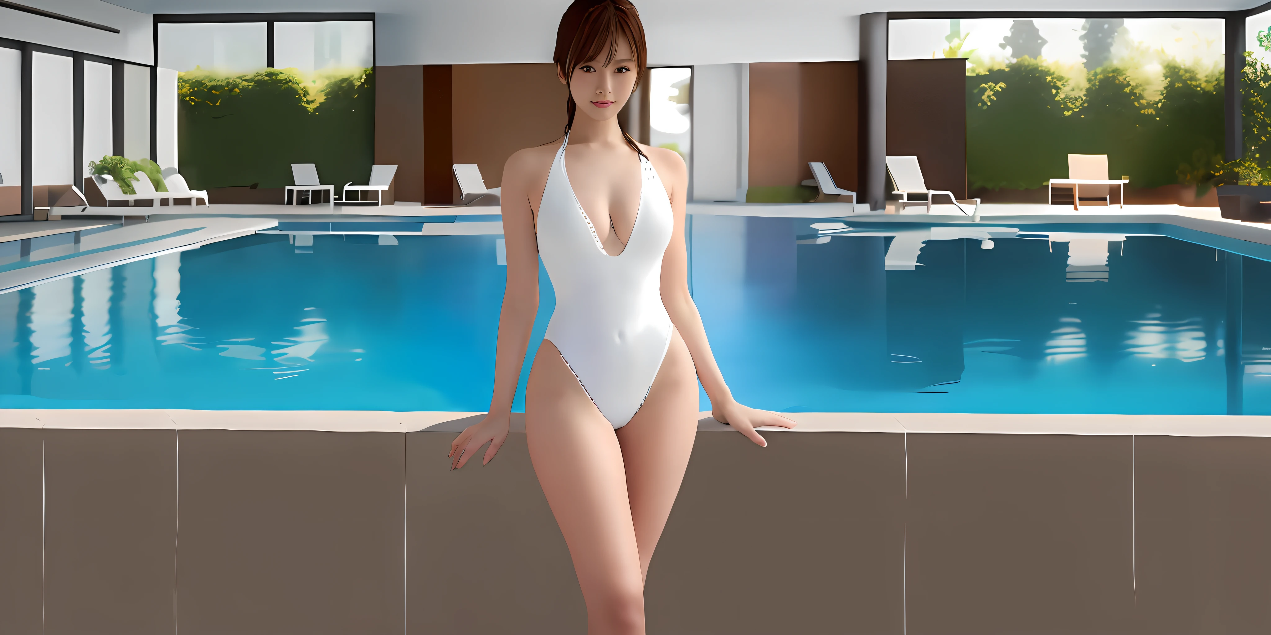 there is a woman in a white swimsuit standing by a pool, wet swimsuit, is wearing a swimsuit, photorealistic perfect body, realistic young gravure idol, swimsuit, realistic sensual gravure idol, next to a pool, wearing white leotard, swimsuit model, young sensual gravure idol, realistic bikini, sophisticated gravure idol, cute girl wearing tank suit