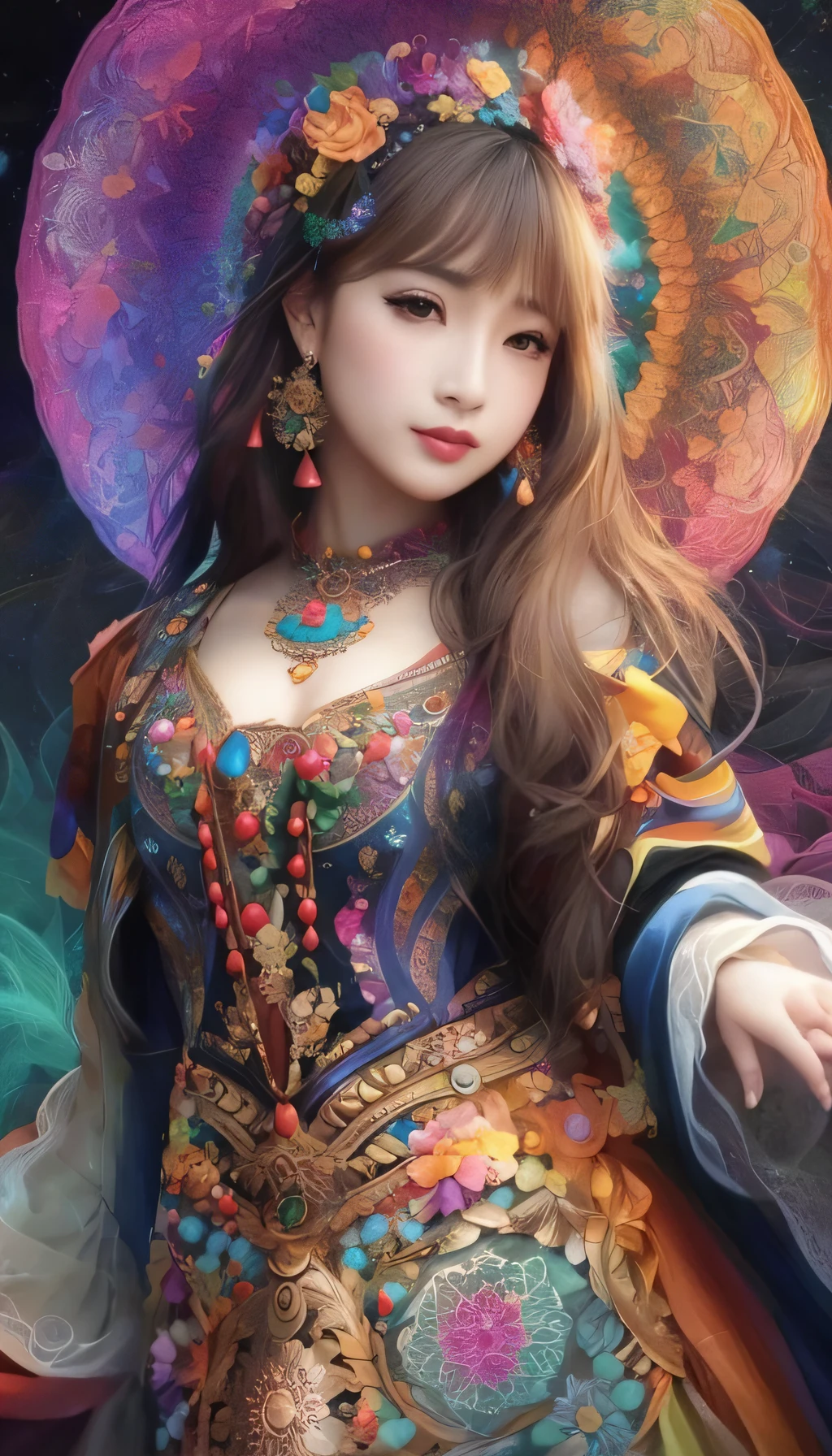 A closeup of a woman in a colorful dress and hat, arte de fantasia digital colorida, arte de fantasia digital ), uma bela imperatriz fantasia, Estilo de arte oriental, arte digital fantasia arte, arte estilo fantasia, arte digital fantasia, linda arte digital linda, mulher oriental bonita, lindo arte digital, Arte digital altamente detalhada em 4k, arte digital muito bonita, bela arte digital