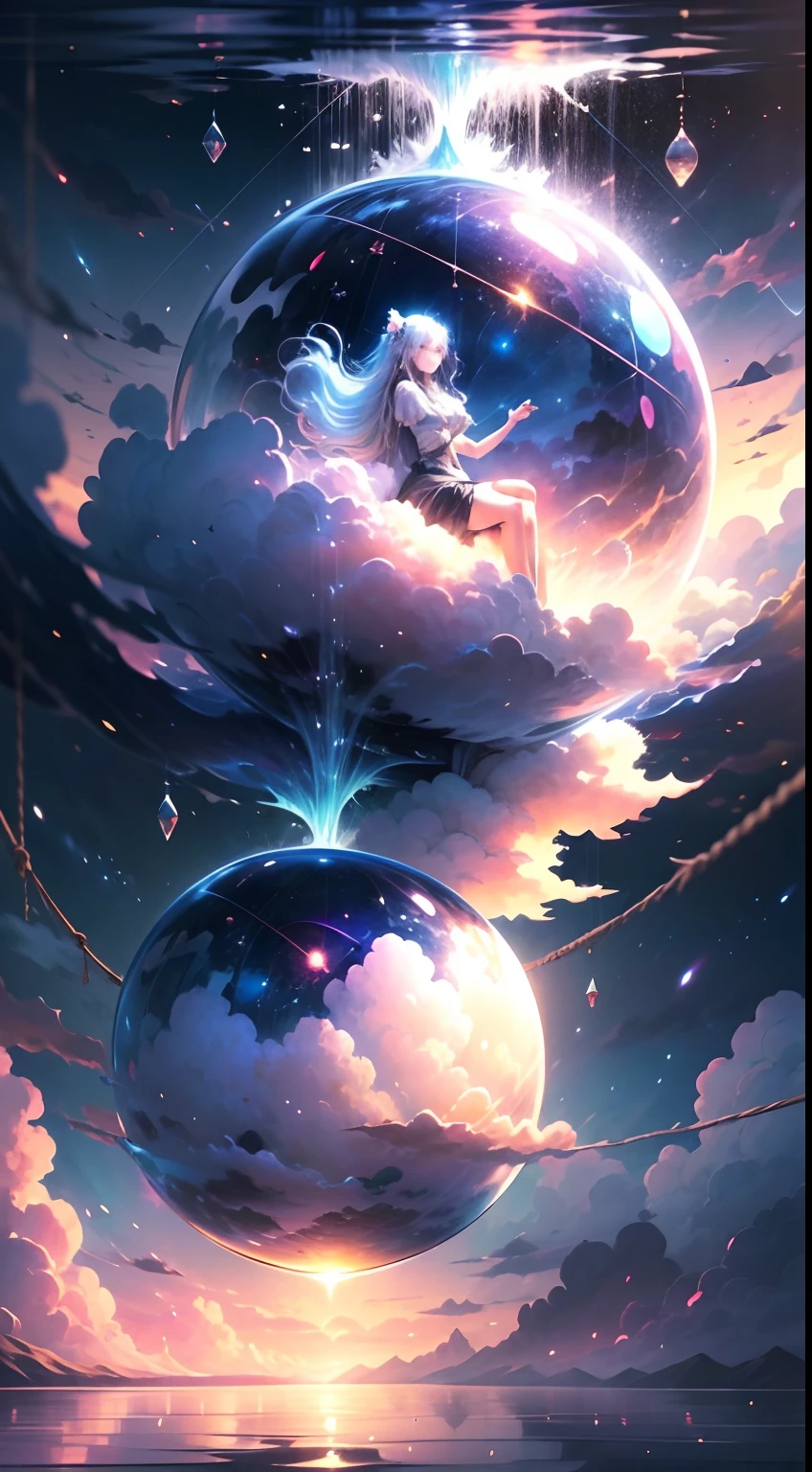 Envision a mesmerizing scene where a woman is suspended by her belly, delicately tied with ornate ropes, in a dreamlike realm of floating islands and colorful skies. The environment is filled with fluffy clouds, waterfalls cascading from the floating islands, and a vibrant, surreal atmosphere. The woman's expression exudes a sense of peace and serenity as she hangs weightlessly in the air. The atmosphere is filled with a sense of wonder and tranquility. This scene will be depicted in an anime-style illustration, with soft lines, pastel colors, and a whimsical touch. The artwork will capture the ethereal beauty and tranquility of the dreamlike realm, creating a sense of harmony and escape from the ordinary world.