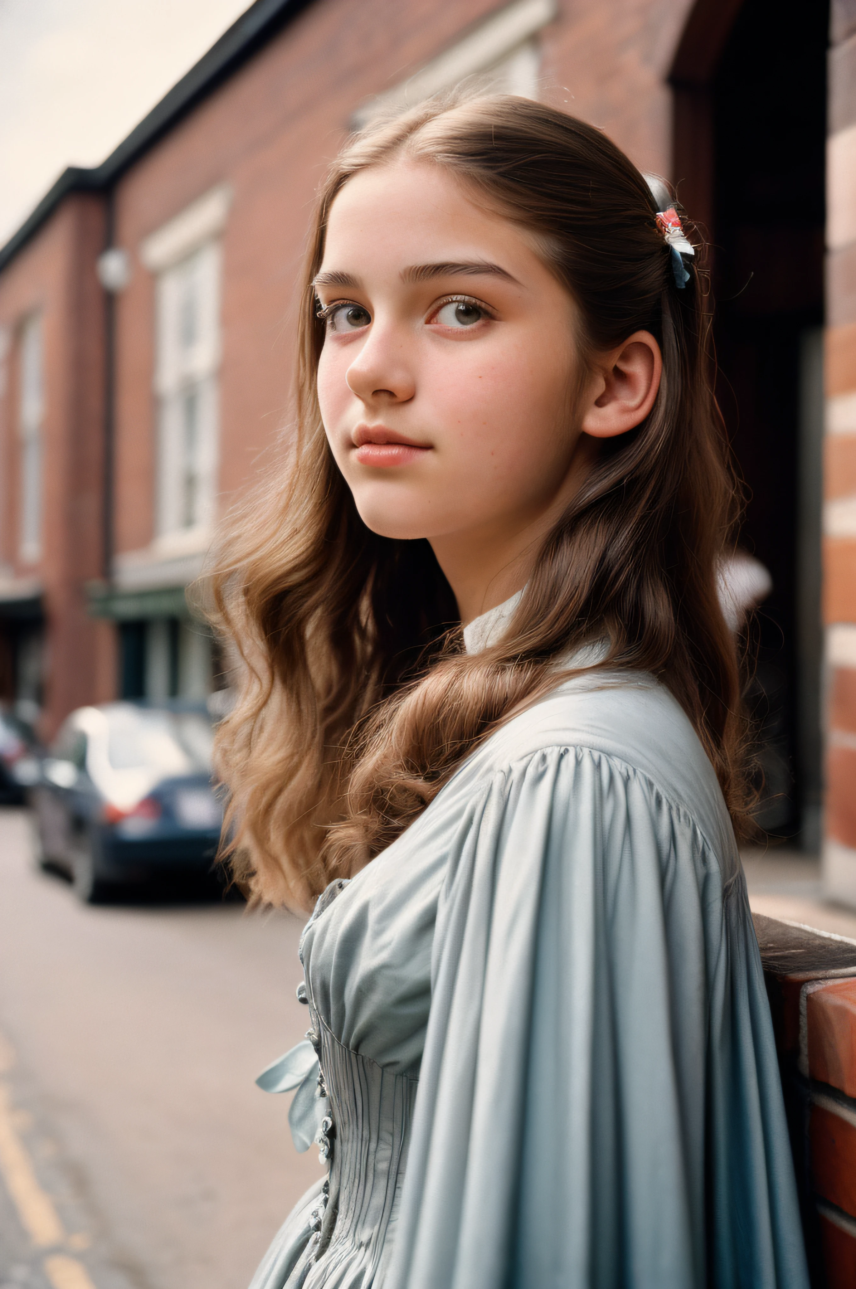 (a closeup of a, Editorial photo of a beautiful -yeld gion a Victorian street in a vintage dress), (Serious:0.5) (Highly detailed face:1.4), ass pov, Nikon D850, film stock photograph ,4 Kodak Portra 400 ,camera f1.6 lens ,saturated colors ,hyper realistic ,lifelike texture, dramatic lighting , Cinestill 800, 19th-century Victorian style