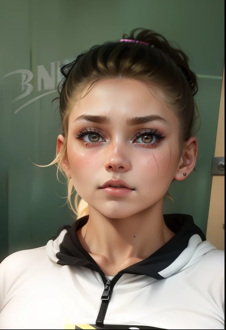 (1girl),large breasts, breasts, tan, dewy skin, sweaty skin, wavy blonde hair, punk tshirt, punk girl