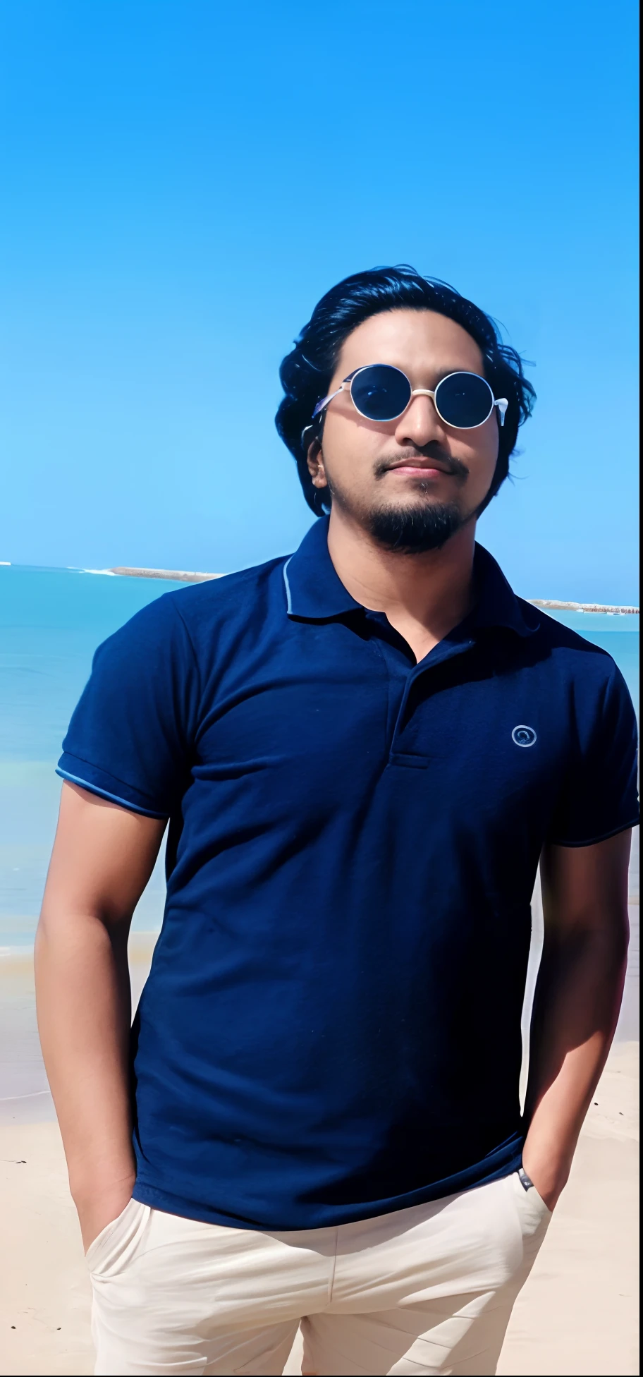 arafed man standing on a beach with a blue sky in the background, jayison devadas, jayison devadas style, at a beach, standing at the beach, mohamed chahin, standing near the beach, candid picture, vinayak, profile pic, ayan nag, posing on a beach with the ocean
