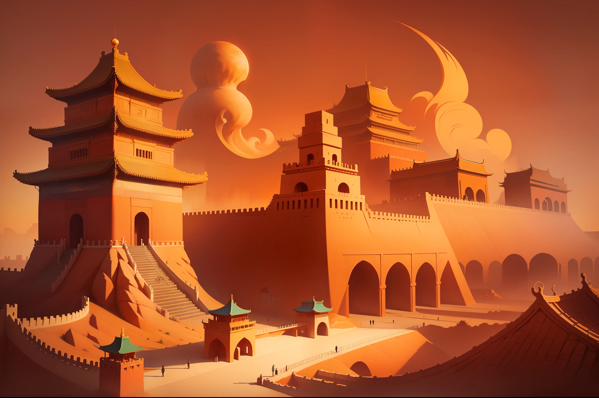 Monument Valley painting style，Game scene design，The Forbidden City in Beijing，a warm color palette