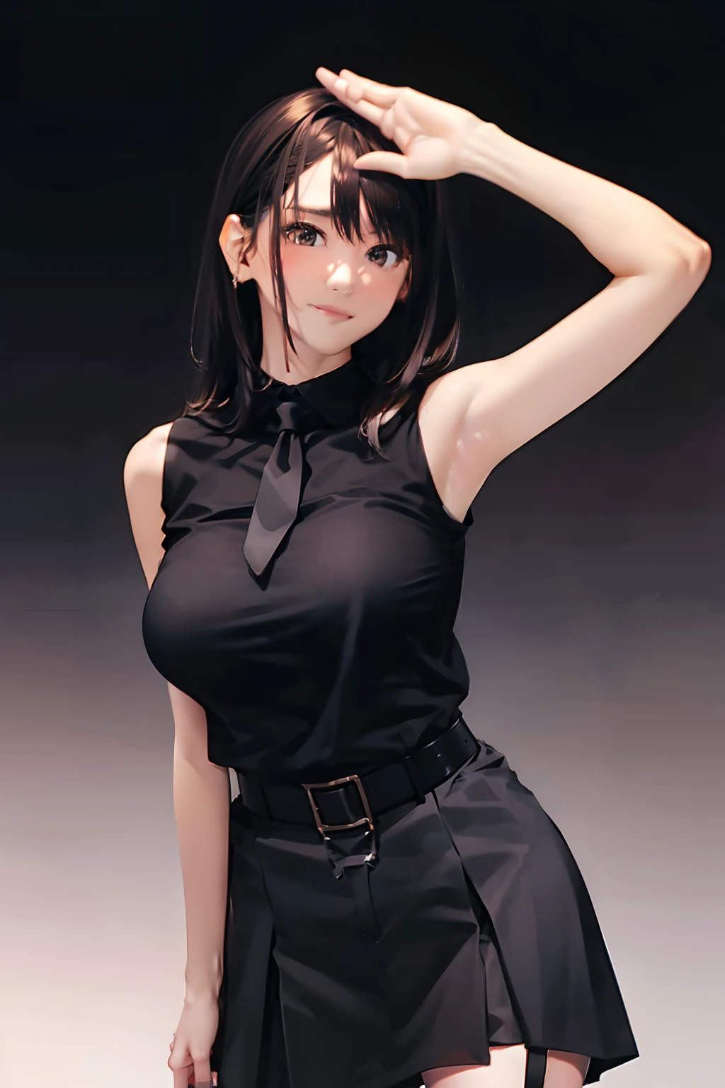 a black skirt　neck tie　Black tank top　　　　　　　Brown hair　long　Gray eyes　　holster　　Garter belt on the legs 　　　　Moderately breasts　　hands above your head　Colossal tits　Pichi Pichi clothes　both sides