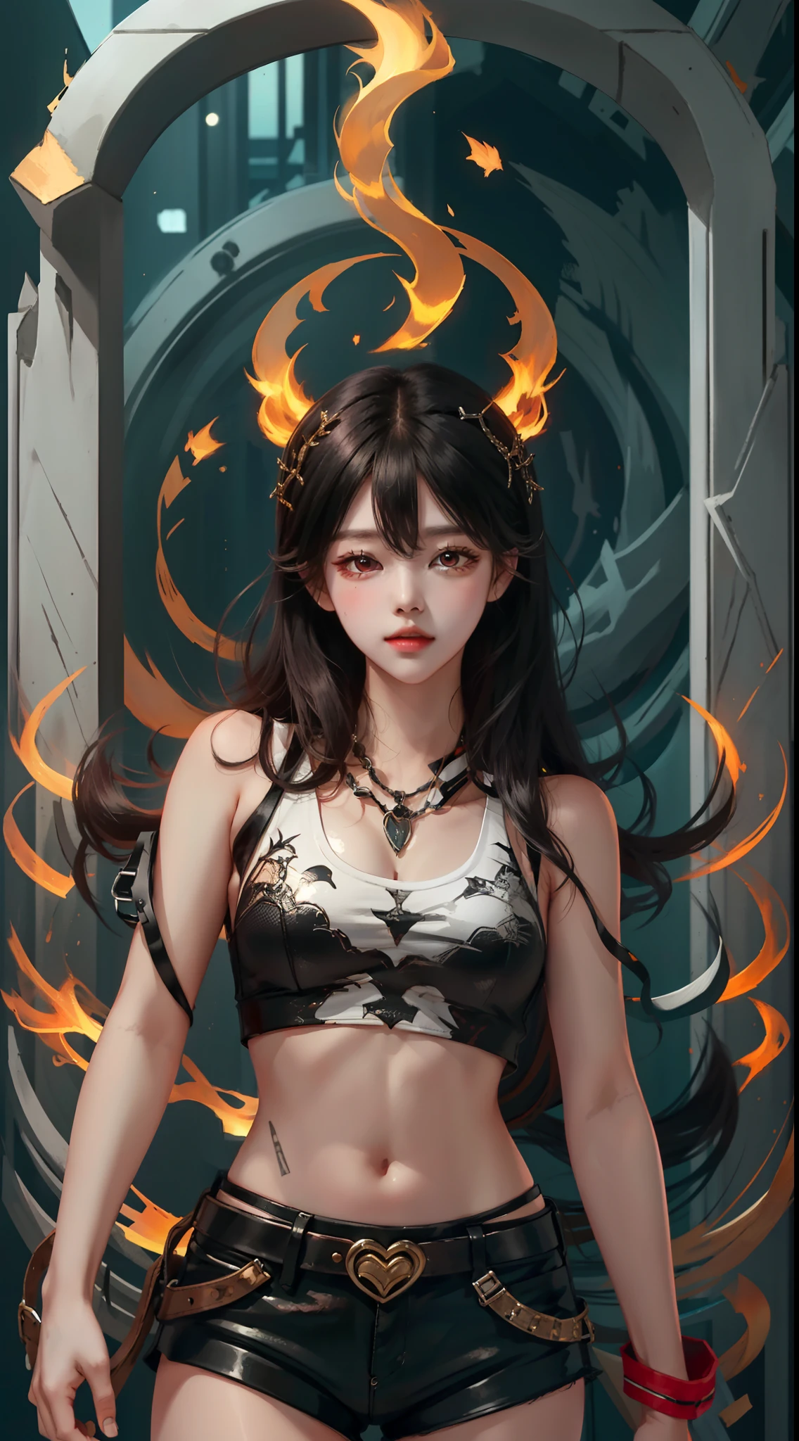 One game character, Tiffarock Heart, White Tank Top, Black Leather Shorts, Slender, Medium-Sized Chest, Long Black Hair, Red Eyes, Twirling Kick, Inside the City High Quality Image Quality