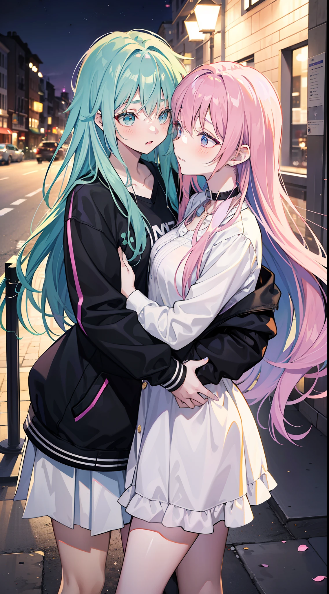 2girls, One has long green hair, purple eyes....., The other has long pink hair with blue eyes....., High Quality, couple , Girls love girls...................., Yuri ,A Beautiful Girl, lesbian, lover ,. love., . Expressions of love. lover. date. , Streetwear. jacket ,scenary,at night, Long bang , Shy Girl, Embrace