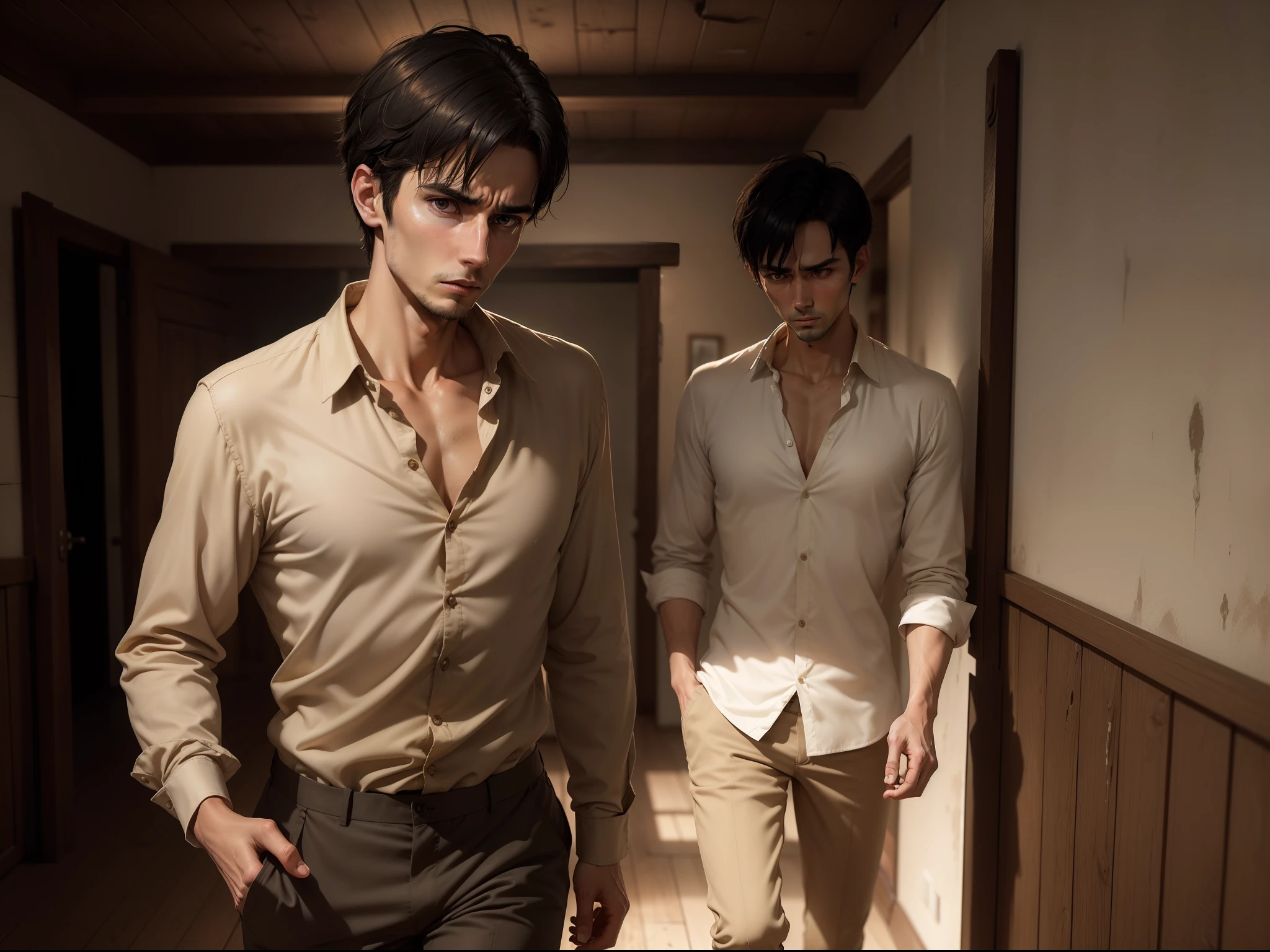 Ultra realistic 8k image of a thin 25-year-old man, short black hair, dressed in a beige button-up blouse and beige pants, expression of anguish, walking in a rustic, simple, dimly lit room, weathered walls, rainy night