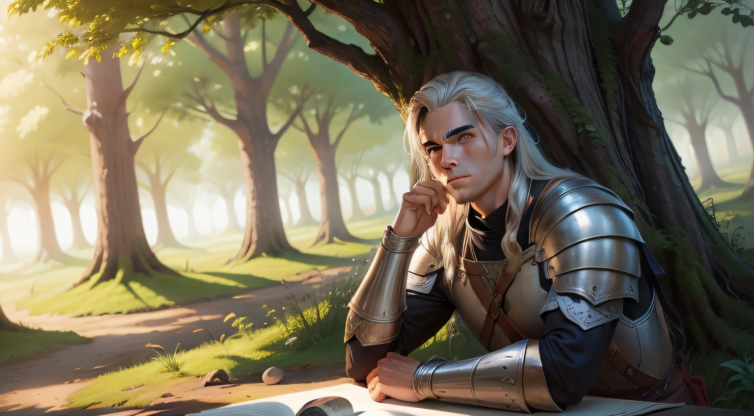 Detailed illustration of a human warrior from a medieval fantasy. their weapons carefully propped up against a nearby tree, enquanto ele relaxa em um tapete de folhas sob o brilho suave da fogueira, surrounded by the magical energy of the forest.