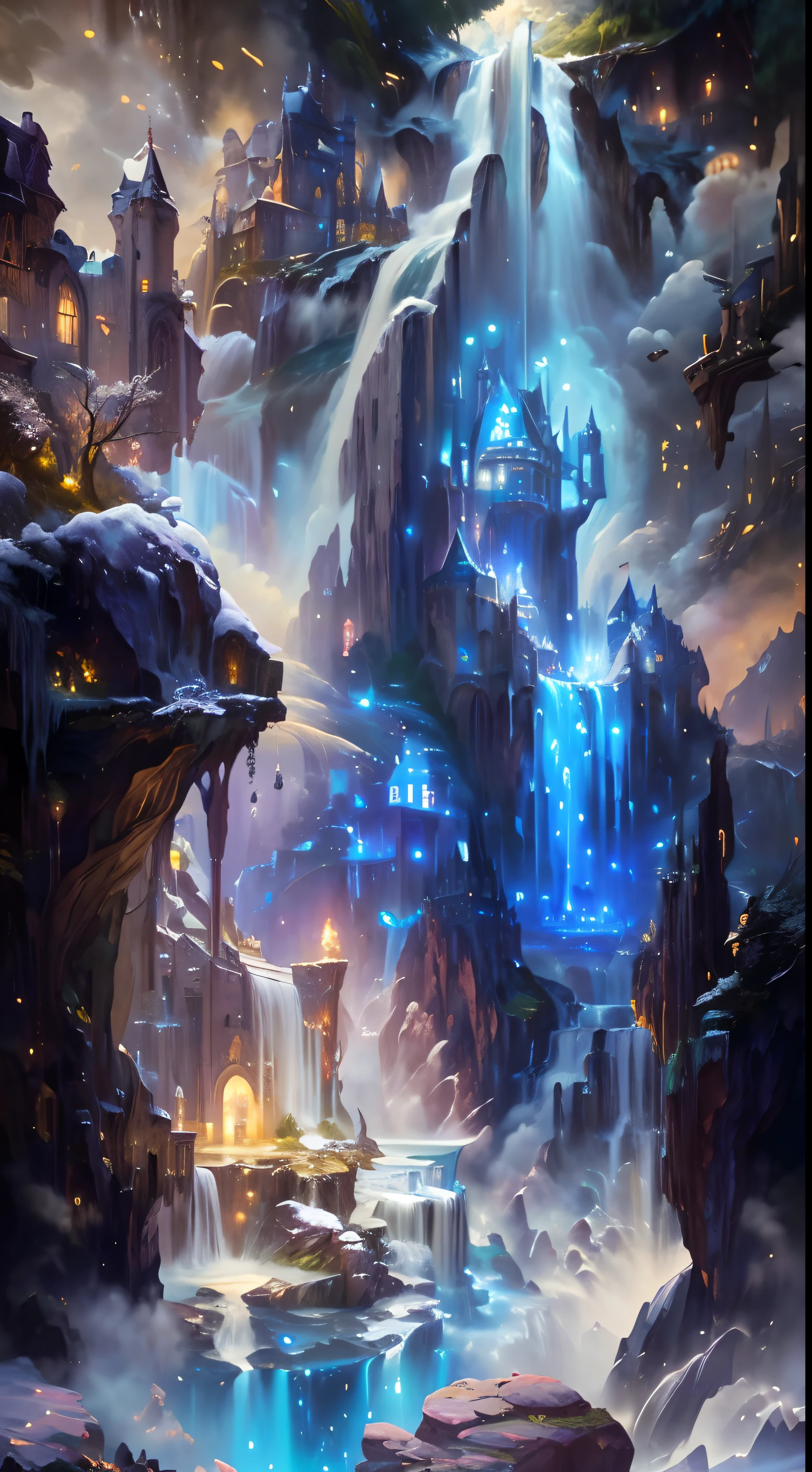 a painting of a waterfall with a castle in the middle of it, detailed fantasy digital art, 4k highly detailed digital art, magic fantasy highly detailed, highly detailed fantasy art, beautiful detailed fantasy, detailed fantasy art, fantasy highly detailed, closeup fantasy with water magic, 4 k detail fantasy, 4k detailed digital art, beautiful art uhd 4 k, detailed fantasy illustration