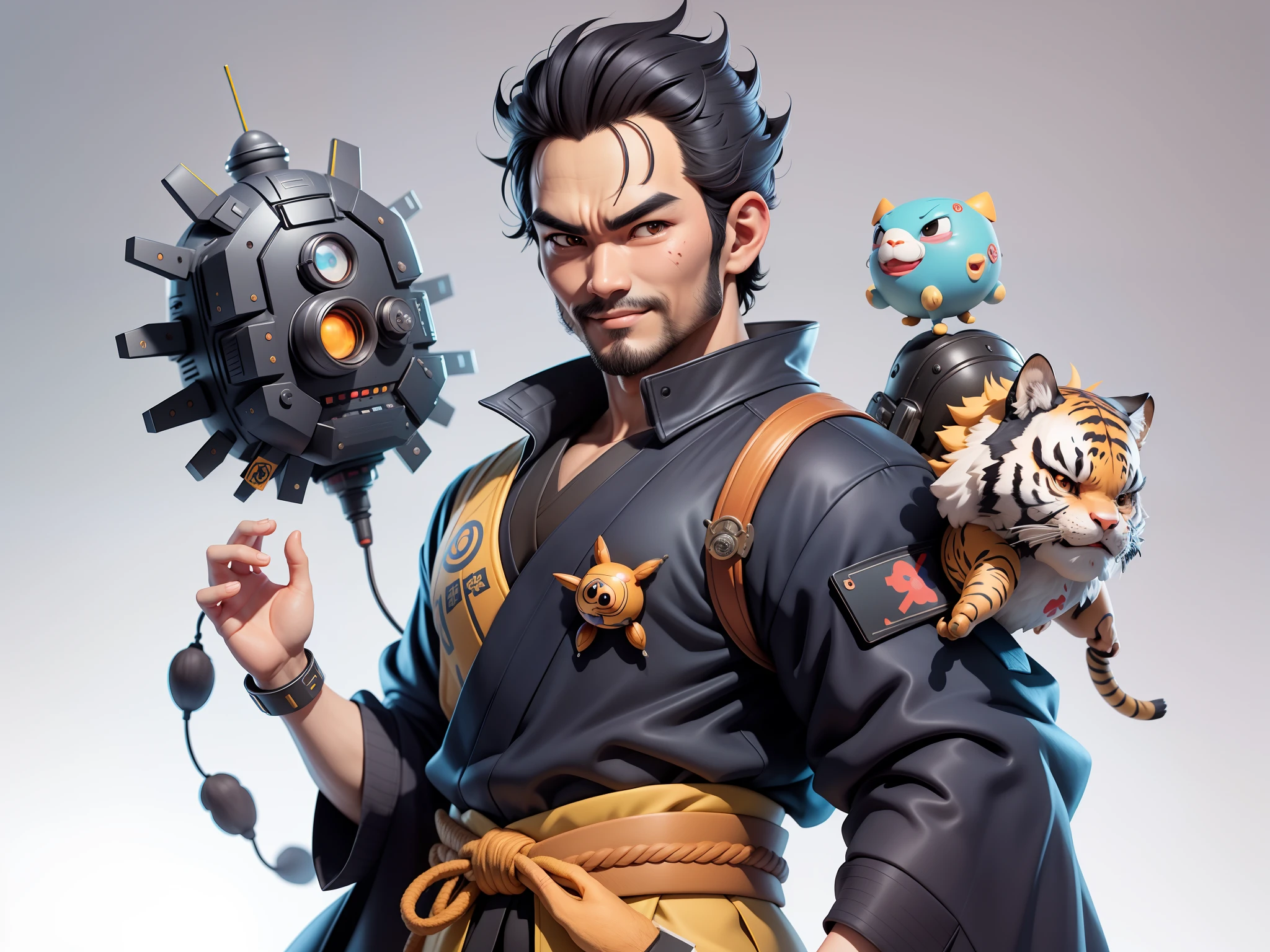 (Daisaku),(Need),(Super meticulous),(full bodyesbian:1.2),Super young man with Japanese geisha,Beautiful,orient,one tiger,Aeolian Thor,Raised sexy,爆乳,Oriental face,TV Anchor,Bust portrait illustration,In black suit,a blue tie,The face is slightly chubby,The face was clean,without a beard,Black super short hair,Black eyes,Smile confidently,3C computer sub-products,iPad, iphone,Digital painting,3D character design by Mark Clairen and Pixar and Hayao Miyazaki and Akira Toriyama,The illustration is a high-definition illustration in 4K resolution,With very detailed facial features and cartoon-style visuals。