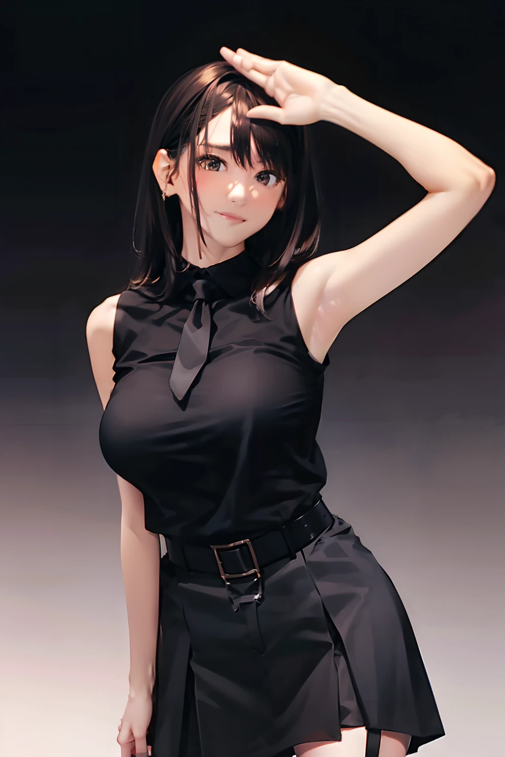 a black skirt　neck tie　Black tank top　　　　　　　Brown hair　long　Gray eyes　　holster　　Garter belt on the legs 　　　　Moderately breasts　　hands above your head　Colossal tits　Pichi Pichi clothes　both sides