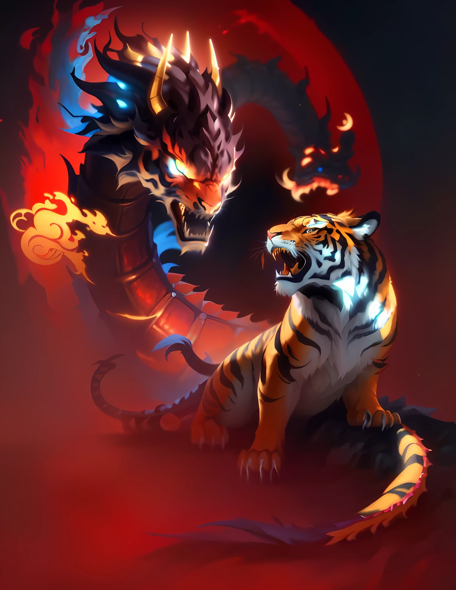 Best Quality, Masterpiece, Ultra High Resolution, (Realistic: 1.4),,there is a dragon and a tiger, dragon with a gold head and a red ball, chinese concept art, legendary art, by Yang J, portrait, high detailed official artwork, cyan chinese dragon and tiger fantasy, chinese dragon and tiger fighting, majestic dragon, by Jason Chan, cyborg dragon portrait, loong, a beautiful artwork illustration, 8k high quality detailed art, full art illustration