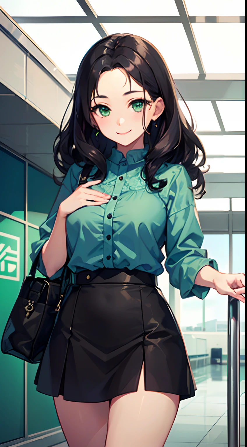 ((Best Quality)), (Ultra-detailed), ((Extremely detailed)), (Beautiful), ((Kawaii Girl)),Medium Hair,Forehead,Dark blue hair,(Wavy Hair),Green eyes,smock blouse,Mini skirt,regular breasts,Smile,Airport lobby,One Woman