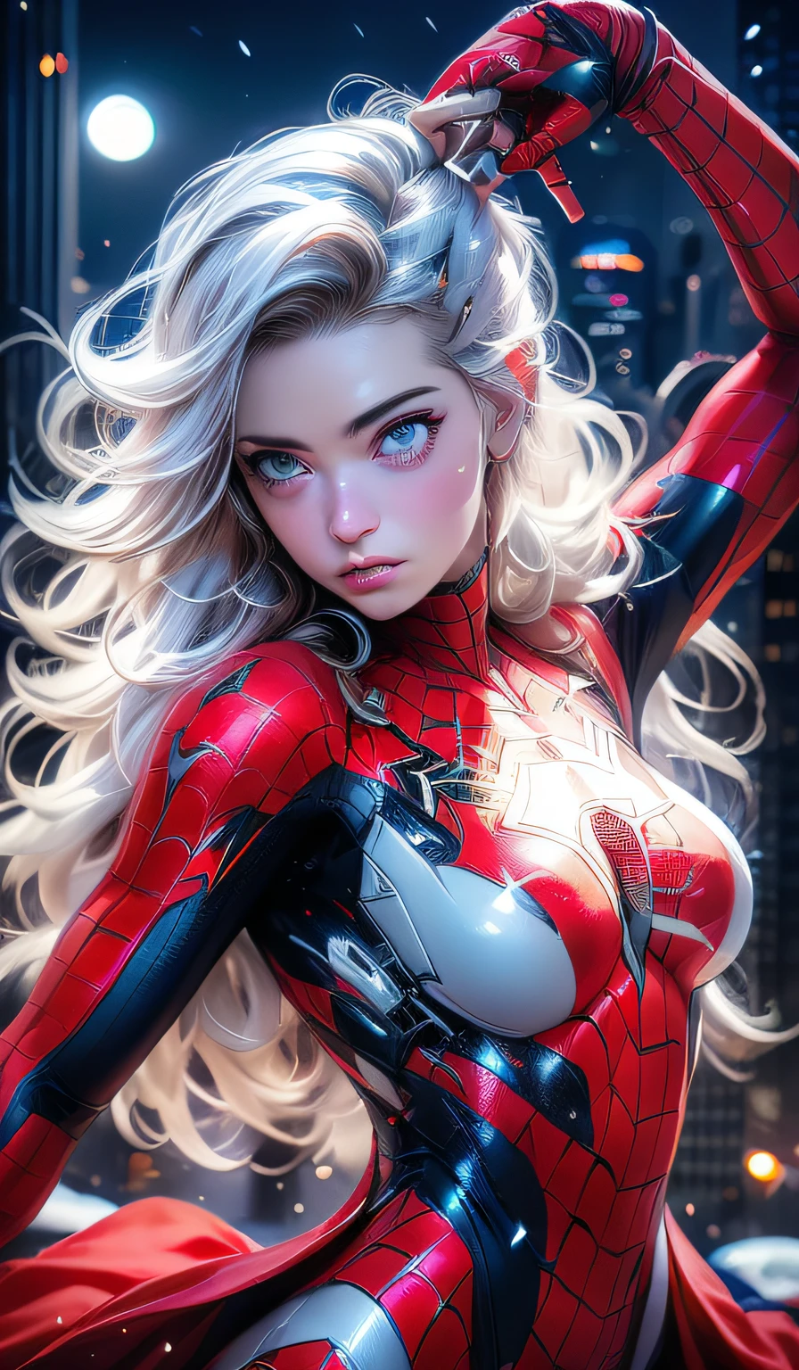 (masterpiece:1.4), (8k, photorealistic, RAW photo, best quality: 1.4), japanese, (1girl), beautiful face, (realistic face:1.4), (white hair, ponytailed long hair:1.3), beautiful hairstyle, beautiful detailed eyes, (best ratio eyes:1.5), attractive, ultra high res, ultra realistic, highly detailed, best ratio, (detailed face:1.4), looking at viewer, red lipsticks, (best ratio fingers:1.5), (White superhero theme, charismatic, there's a girl on top of town, wearing transparent lingerie Spider-Man costume, she's a superhero), [ ((25 years), full body, (realistic blue eyes:1.2), ((Spider-Man pose), show of strength, jumping from one building to another), ((sandy urban environment):0.8)| (cityscape, at night, dynamic lights), (full moon))] # Explanation: The Prompt mainly describes a 4K painting of ultra-high definition, very realistic, very detailed. It shows a superheroine at the top of the city, wearing a Spider-Man costume. The theme in the painting is a white superhero theme, the female protagonist has long white hair, is 25 years old and her entire body is shown in the painting. In terms of portraying the actions of superheroines, spiders are employed, (spider-web bra:1.4), perky_nipples, ((exposed_nipples, exposed breasts, high proportional realistic breasts, realistic big breasts):1.4), (closed mouth:1.4), (camel_toe_pussy:1.4), innie_pussy, spider-web cloak,