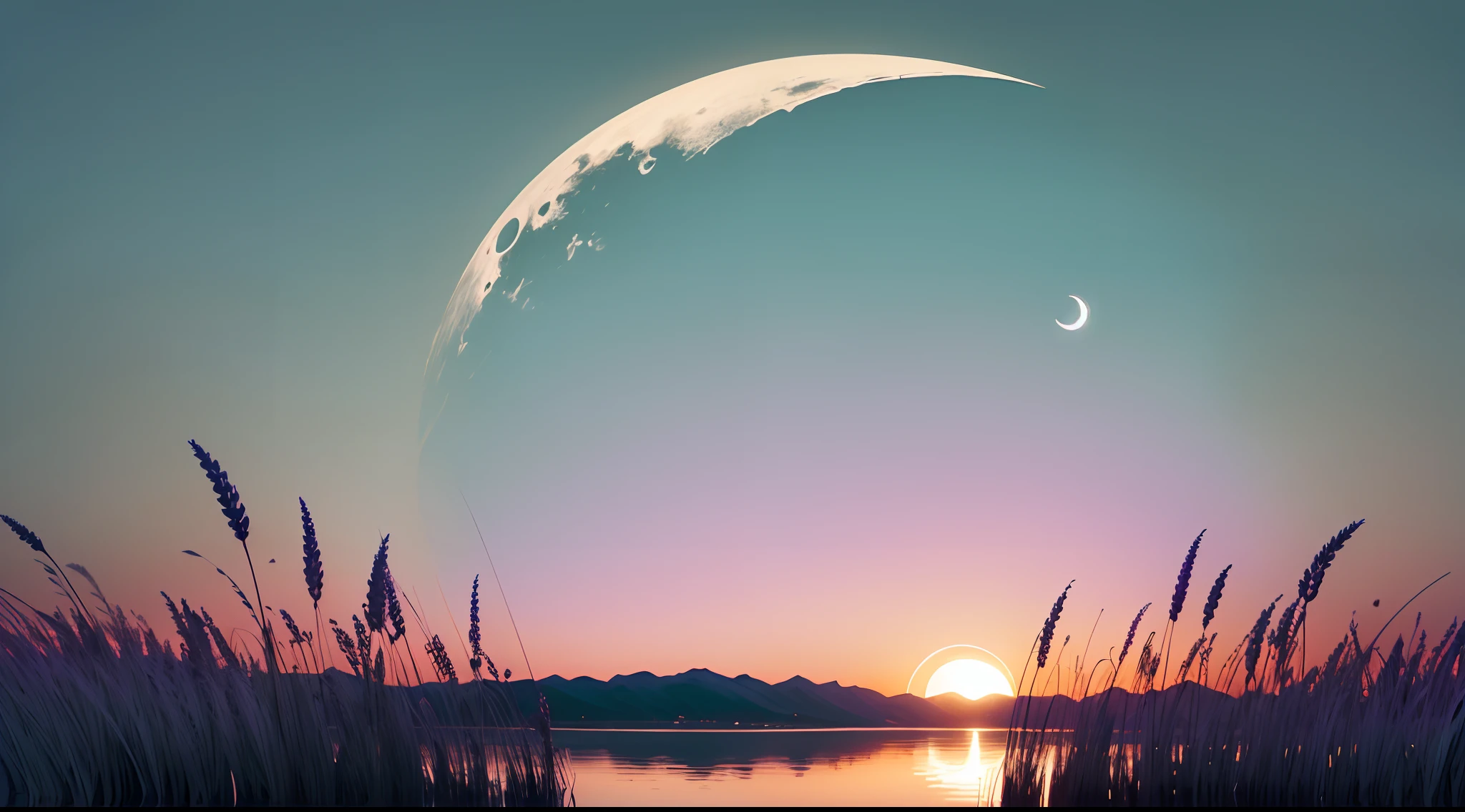 A minimalist depiction of a crescent moon cradled by soft lavender clouds against a muted teal backdrop. Below, silhouettes of wispy reeds sway subtly, adding depth and tranquility. --auto