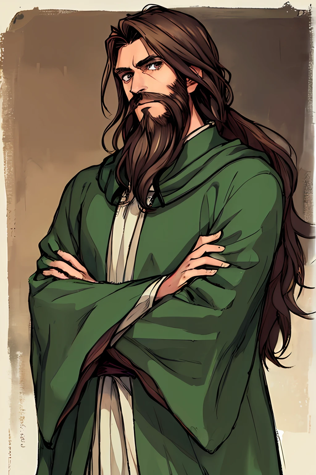 1male, elder, brown hair, long hair, long beard, green robes, fantasy, medieval, brown eyes, looking at viewer, confident, crossed arms, realistic style