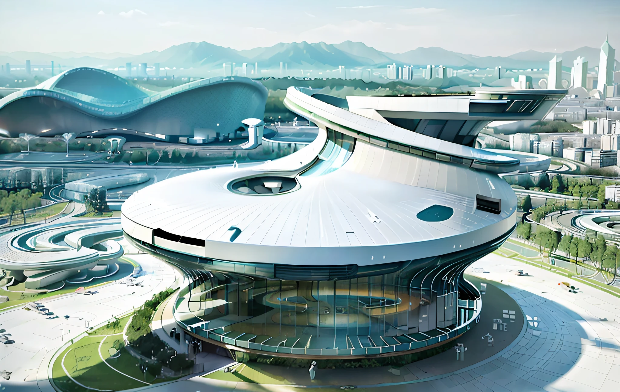 There is a large building with a circular roof on the top of the hill, author：Chass is silent, shenzhen, inspired by Zha Shibiao, futuristic palace, futuritic high tech architecture, Futuristic utopian architecture, helipad, vincent callebaut, futuritic architecture, Floating palace, Floating city in the sky, huge futuristic building, futuristic government chambers
