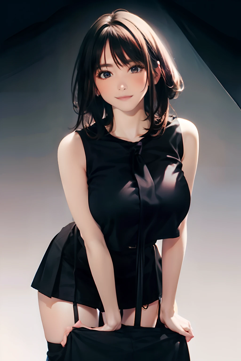 a black skirt neck tie Black tank top Brown hair long Gray eyes holster Garter belt on the legs large full breasts hands above your head Colossal tits Pichi Pichi clothes both sides