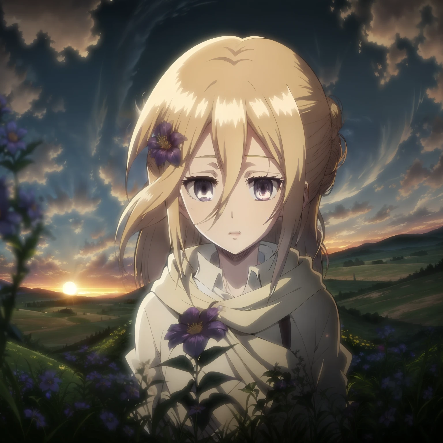 The Albino Woman, long curly hair, violet eyes, Field of flowers, Sunset