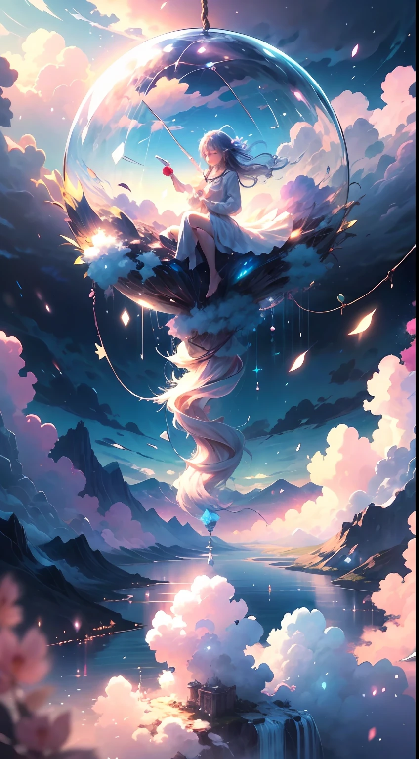 Envision a mesmerizing scene where a woman is suspended by her belly, delicately tied with ornate ropes, in a dreamlike realm of floating islands and colorful skies. The environment is filled with fluffy clouds, waterfalls cascading from the floating islands, and a vibrant, surreal atmosphere. The woman's expression exudes a sense of peace and serenity as she hangs weightlessly in the air. The atmosphere is filled with a sense of wonder and tranquility. This scene will be depicted in an anime-style illustration, with soft lines, pastel colors, and a whimsical touch. The artwork will capture the ethereal beauty and tranquility of the dreamlike realm, creating a sense of harmony and escape from the ordinary world.