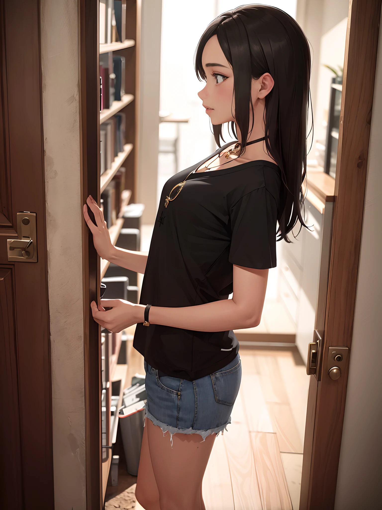 an 18-year-old girl named Anne and a necklace around her neck, sozinha, corpo inteiro, standing on her feet, (((com o rosto apavorado e muito medo e de boca aberta))), side view, num quarto escuro e sombrio com pouca luz, vestindo camiseta preta e Short cotton vermelho, pele branca, olhos pretos, fleshy lips, cabelo preto liso curtos, medium and beautiful breasts, bunda bonita, small hands. Absurdo, melhor qualidade, sozinho. The image is about an 18-year-old standing, com o rosto apavorado e muito medo e com a boca aberta, side view, em um grande, Escuro, Quarto sombrio com pouca luz e vestindo camiseta preta e shorts vermelho.