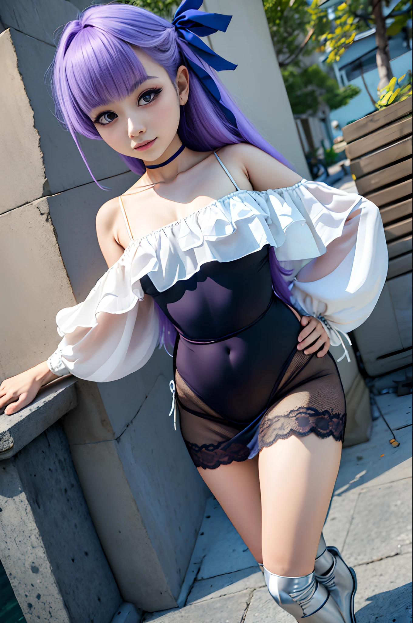 (realismo, tiro real, Cosplay, Cosplaygirl, Cosplayer), 8f, ..3d, ultra detalhado, pequeno detalhado, master part, best quality, 1girl, sozinho, cabelos longos, (seios grandes :1.4), corpo sexy, barriga aberta, Meias, cinta-liga, corar, franja,coxas largas, Vestido transparente sedutor, camisola, thin lace bra, calcinha de renda fina, clivagem, cabelo entre os olhos, bareshoulders, sentado de joelhos, cabelos muito longos, cabelos azuis, Purple eyes, Ahoge, Coxas, separated-lips, Chifres, Mangas, traje alternativo, vestido fino, coxas largas, seminua, metade , Despertou, fundo preto, whole body view, chifres de cabra, Ganyu /(Impacto Genshin/), ( Ganyu ),