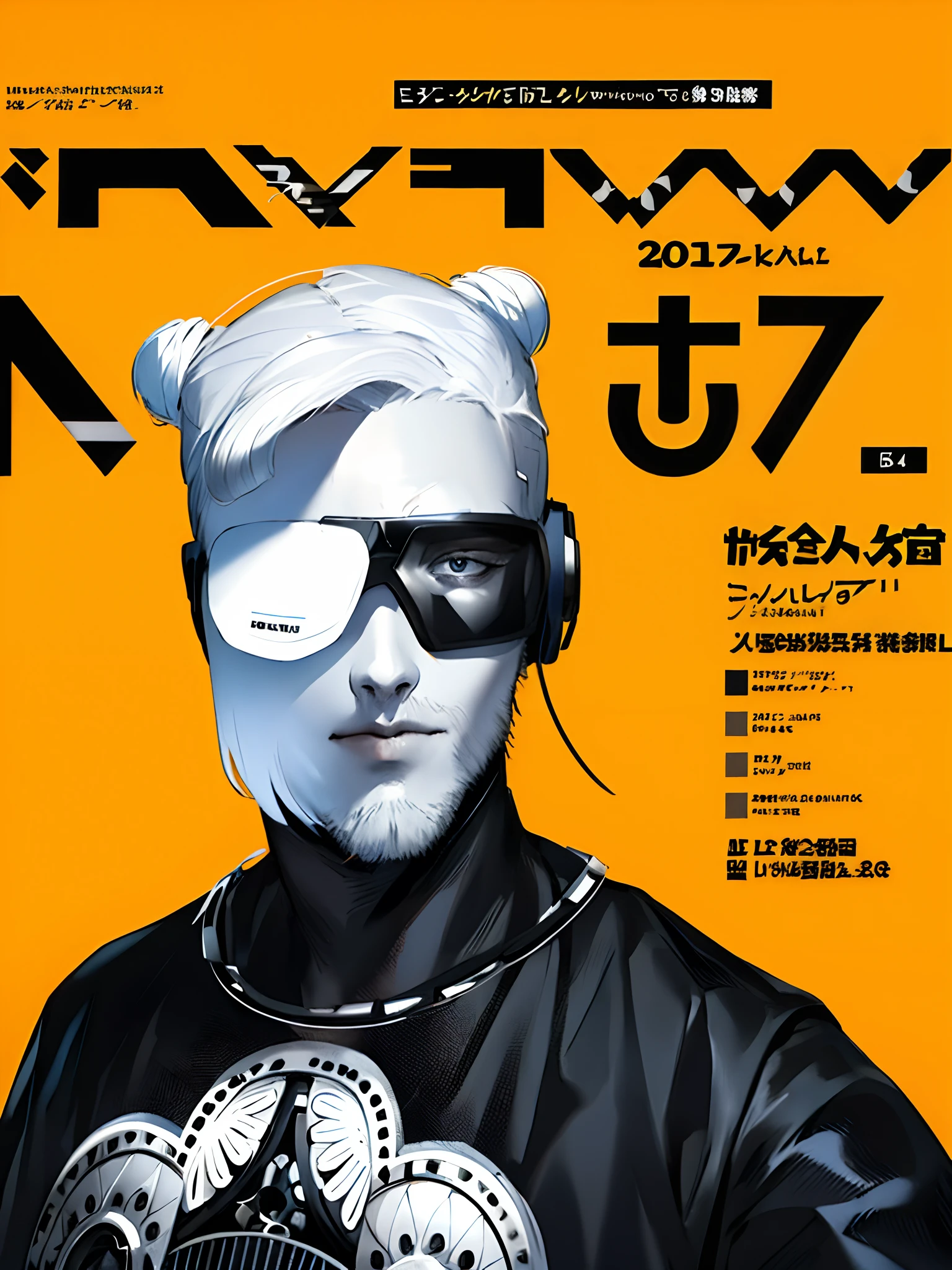 (magazine cover:1.3),ulzzang-6500, (realistic: 1.3) (original: 1.2), masterpiece, best quality, beautiful clean face, fullbody, (wearing black and white and cobalt scifi techmask and headphones with complex electronics), wearing black techwear jacket and orange trousers with buckle and tape, (crystal necklace), posing for a picture, (white braided bun hair),