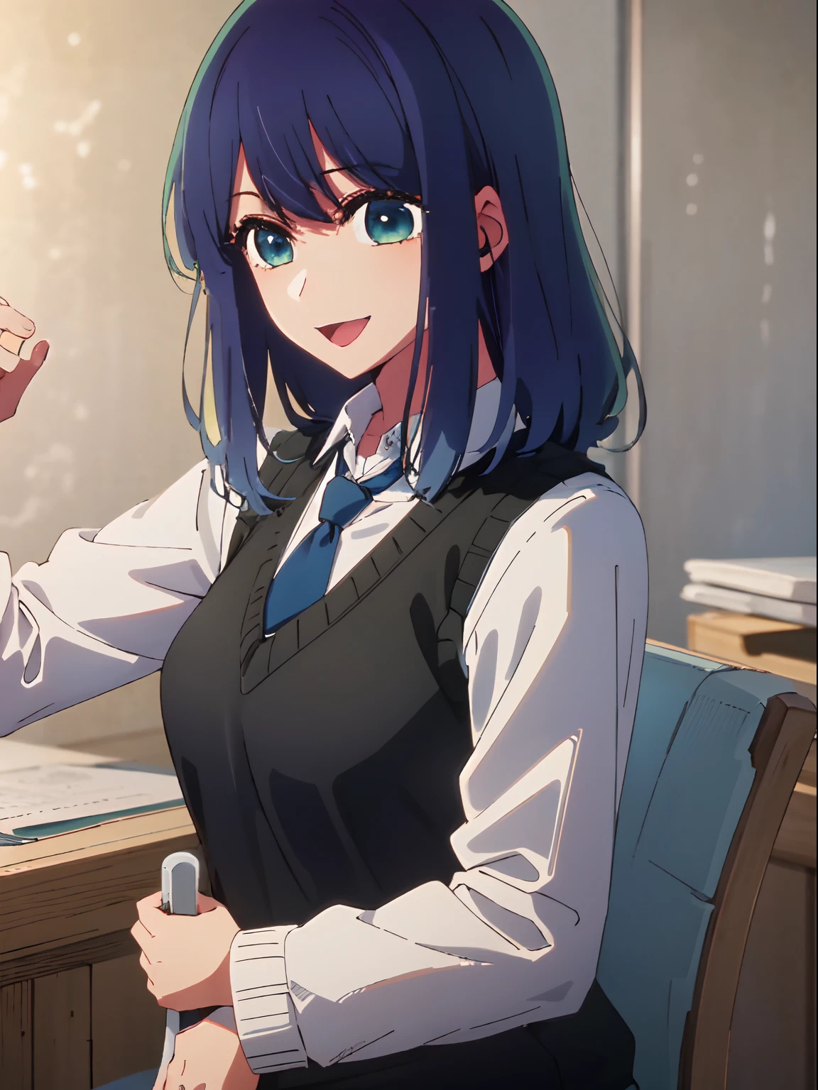 beautiful  lighting, 1girl in, 独奏, Akane, white  shirt, Sweater Vest, Black vest, Blue tie, ((anime styled))、((2D))、A smile、Open your mouth、The long-haired