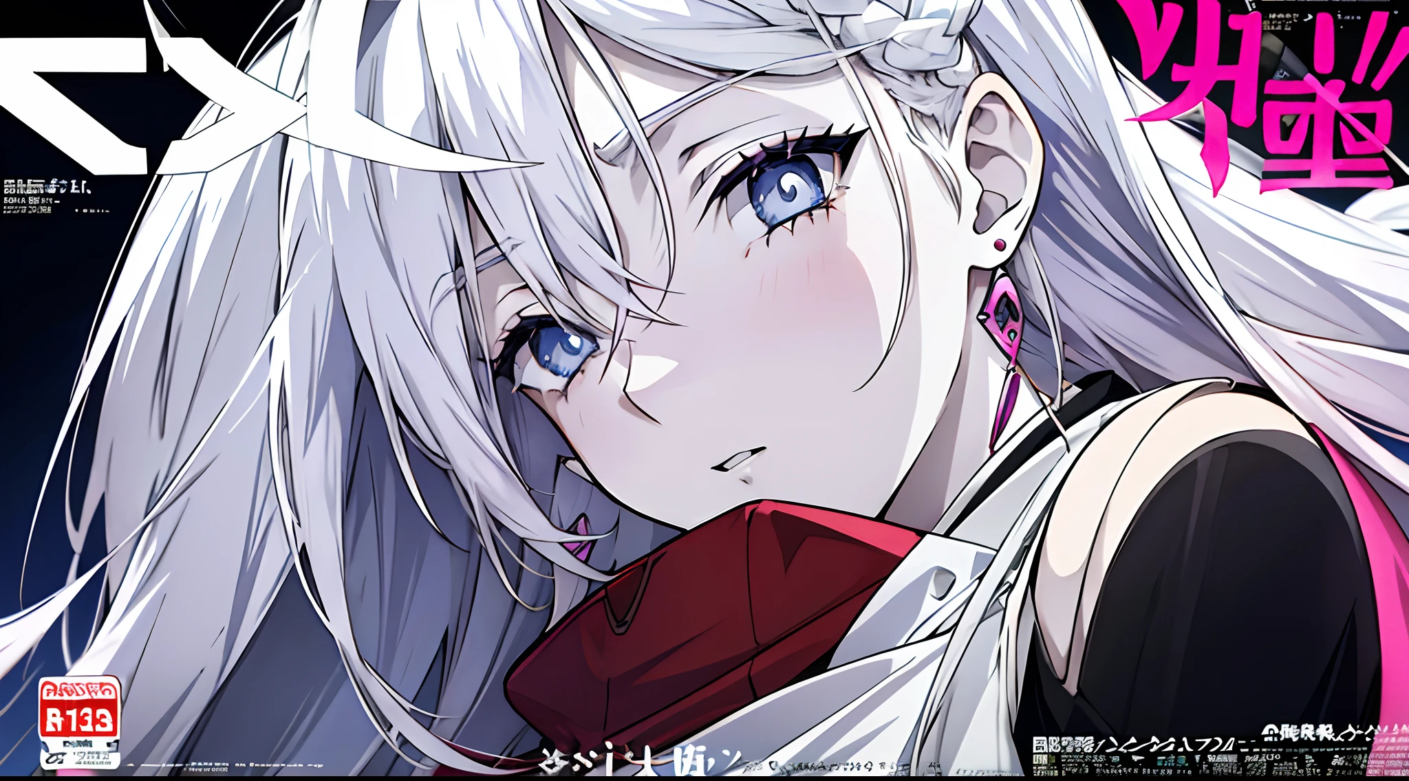 a woman like white hair and colored eyes long hair with pink earrings on a movie poster well defined eyes, HRD, well detailed anime style, (((intense))), (((dramatic))) , tachi-e (magazine:1.3), (cover-style:1.3)