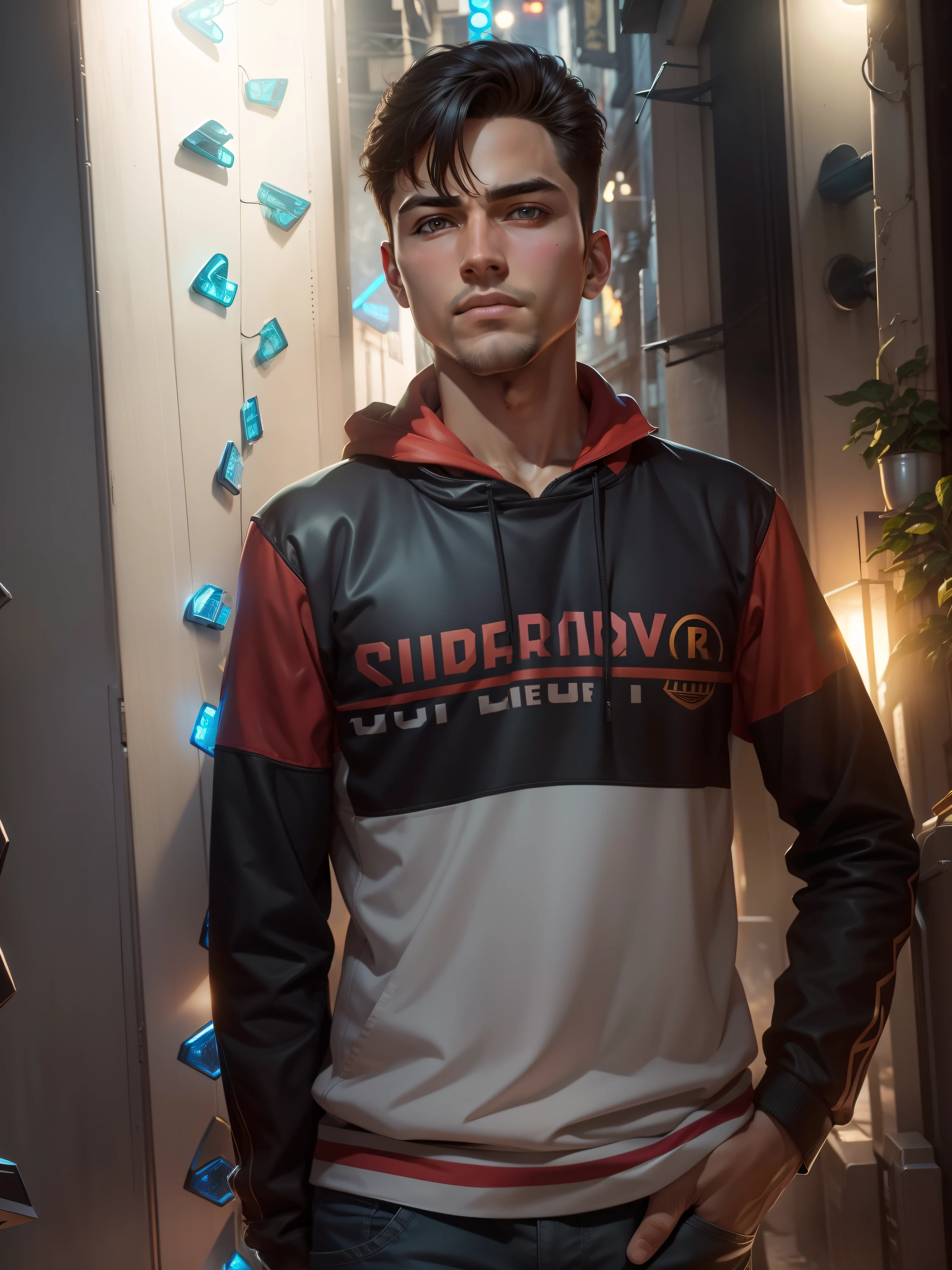 Transformers standing in background, handsome boy realistic face