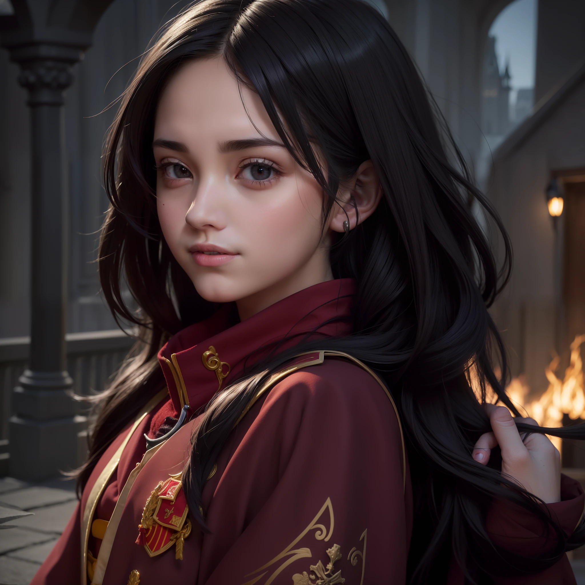 H0GLEGACYv2,(8k, best quality, masterpiece:1.2),(realistic, photorealistic:1.37), ultra-detailed, 1 girl alone, cute,(red nose),(smile:1.15),(closed mouth),beautiful brazilian eyes and detailed, (long black hair: 1.2), black floating NovaFrogStyle hair, hogsks,(((Gryffindor))), hogsks, hogwarts gryffindor school uniform, black gryffindor cloak, red gryffindor scarf, (scared), (black vest: 1.2), looking at viewer, dusk, night, dark, castle depth, (direct shot)