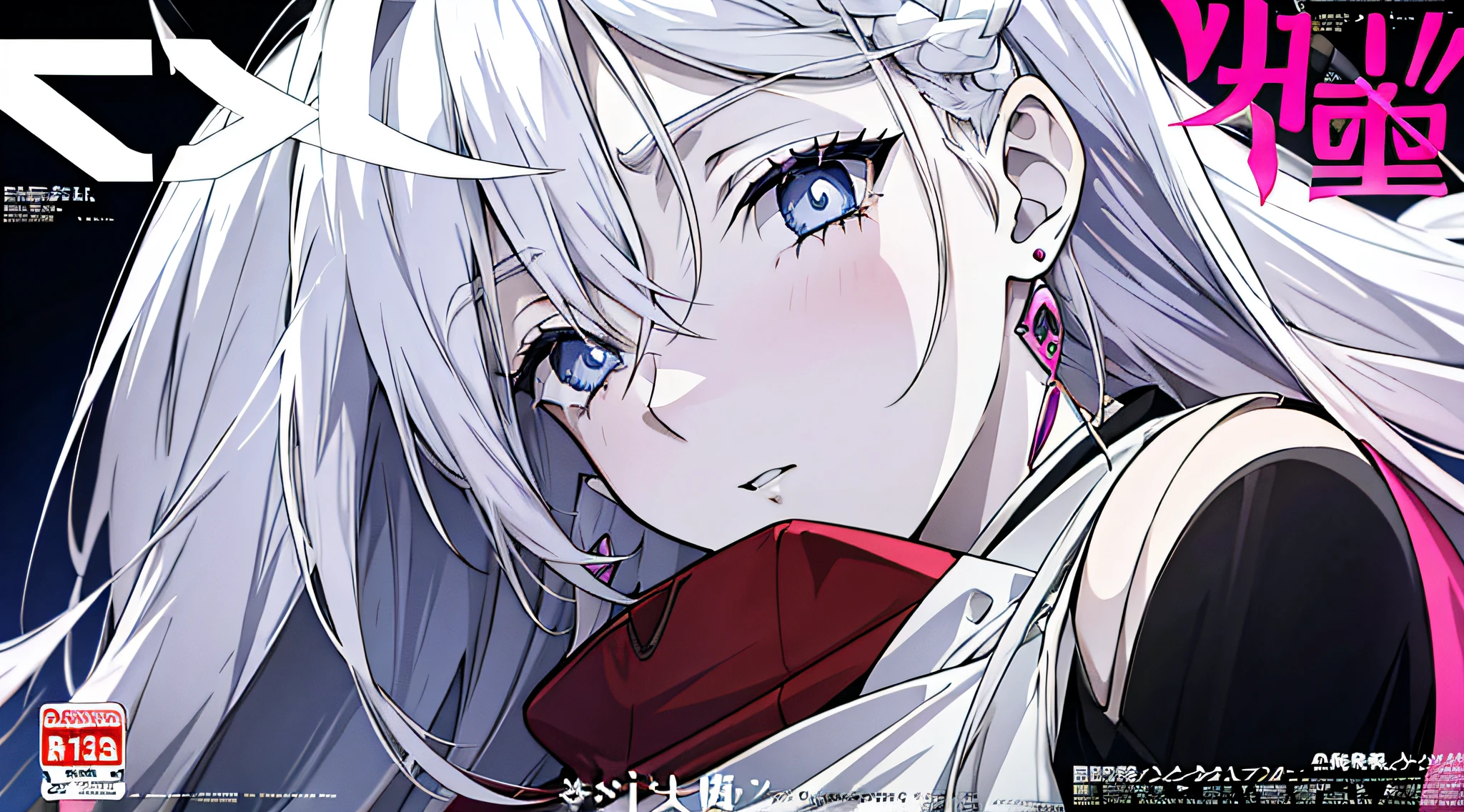 a woman like white hair and colored eyes long hair with pink earrings on a movie poster well defined eyes, HRD, well detailed anime style, (((intense))), (((dramatic))) , tachi-e (magazine:1.3), (cover-style:1.3)