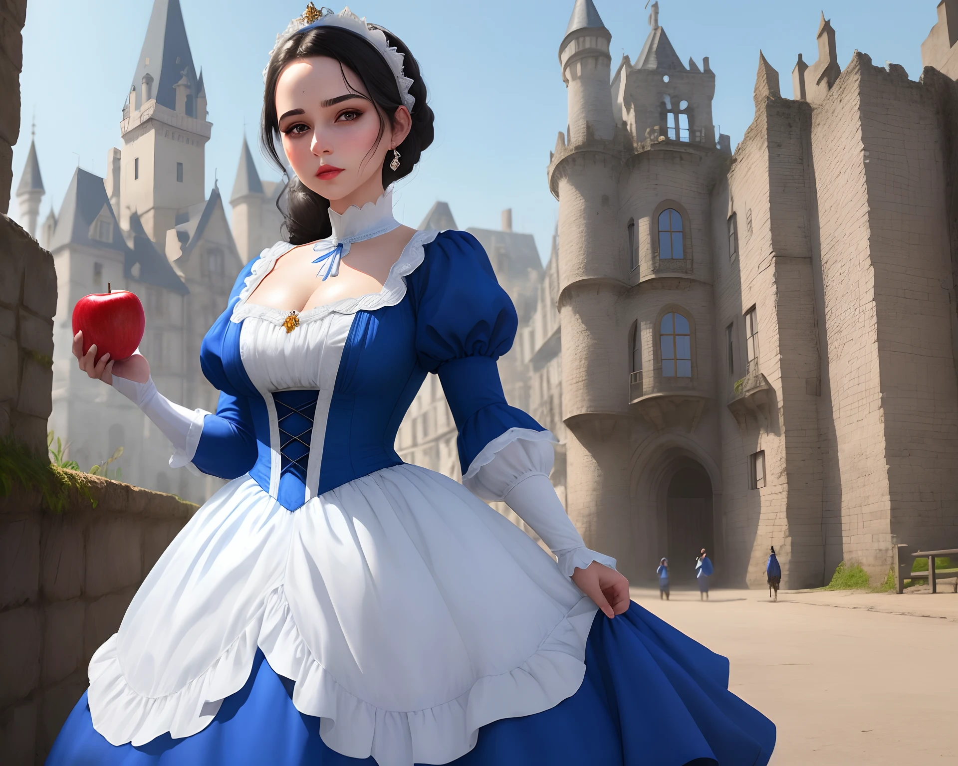 Uma mulher bonita vestida de Branca de Neve, She has the facial expression of hatred, She is wearing a blue and white dress, She holds a rotten apple in her hand, estilo arte digital hiperrealista, A burning castle is in the background of the image