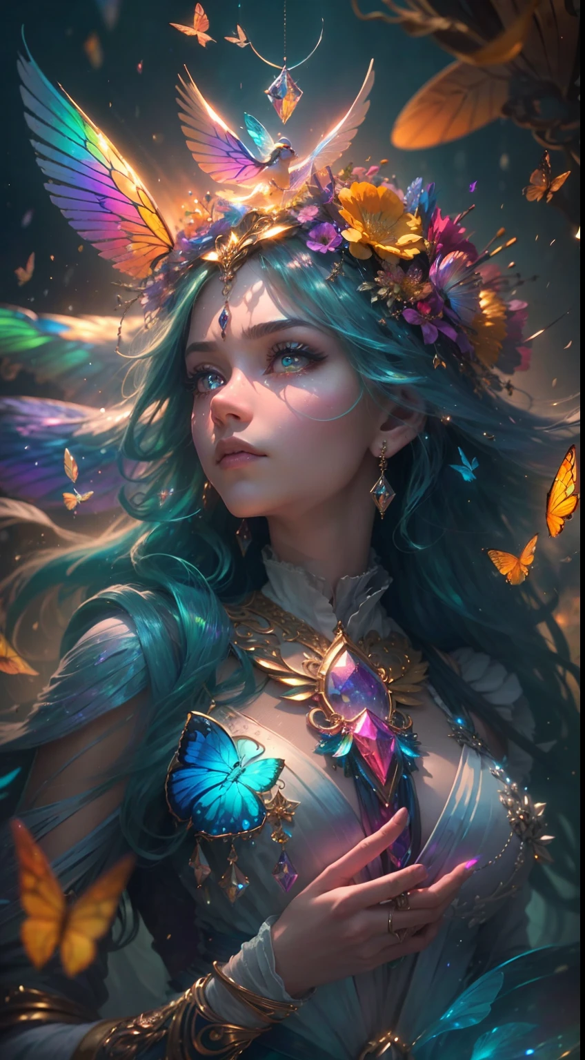 (((masterpiece))), (((best quality))), ((ultra-detailed)),(highly detailed CG illustration), ((an extremely delicate and beautiful)),cinematic light, Create a stunning fantasy artwork that mimics the style of currently trending masters of the genre. The art piece should contain elements of both mythic fantasy and fairytale fantasy with colorful rainbow accents and dark jewel-toned hues. ((Utilize the rainbow as the main color scheme.)) The character in the artwork is a delicate but strong petite figure with an aura of mystery and magic. Pay close attention to intricate facial features, such as mesmerizing eyes with vibrant colors and bold shading. The character's clothing should be designed with gossamer feathers, silk, stunning embroidery, and subtle iridescent details. Incorporate (((translucent iridescent rainbows))), dreamy colors, dynamic lighting, and detailed background elements to create a sense of awe and immersion. ((Include colorful flying magical birds and jewel-toned rainbow butterflies radiating a magical aura.)) Consider the latest trends in fantasy art, such as incorporating unique lighting effects, exploring dynamic and compelling composition techniques, and experimenting with unique color palettes. Take inspiration from the top artists on ArtStation and Midjourney. Camera: Choose an angle that highlights the character's beauty and enhances the magical majesty of the artwork. Lighting: Utilize atmospheric lighting techniques to create depth and mood. Resolution: Aim for a high-resolution artwork to showcase intricate details and clarity. Art Inspirations: Seek inspiration from the trending artists on ArtStation, exploring different styles, genres, and themes.